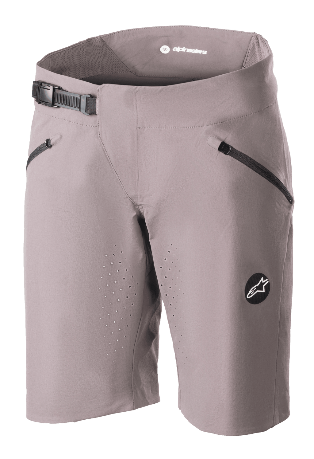 Alpinestars Stella Drop Algorithm, damskie szorty MTB, szare (Sparrow Gray), z czarnym zapięciem na zapadkę, przednie kieszenie na zamek, laserowo wycinane otwory wentylacyjne i okrągłe logo, profesjonalna odzież rowerowa