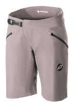 Alpinestars Stella Drop Algorithm, damskie szorty MTB, szare (Sparrow Gray), z czarnym zapięciem na zapadkę, przednie kieszenie na zamek, laserowo wycinane otwory wentylacyjne i okrągłe logo, profesjonalna odzież rowerowa