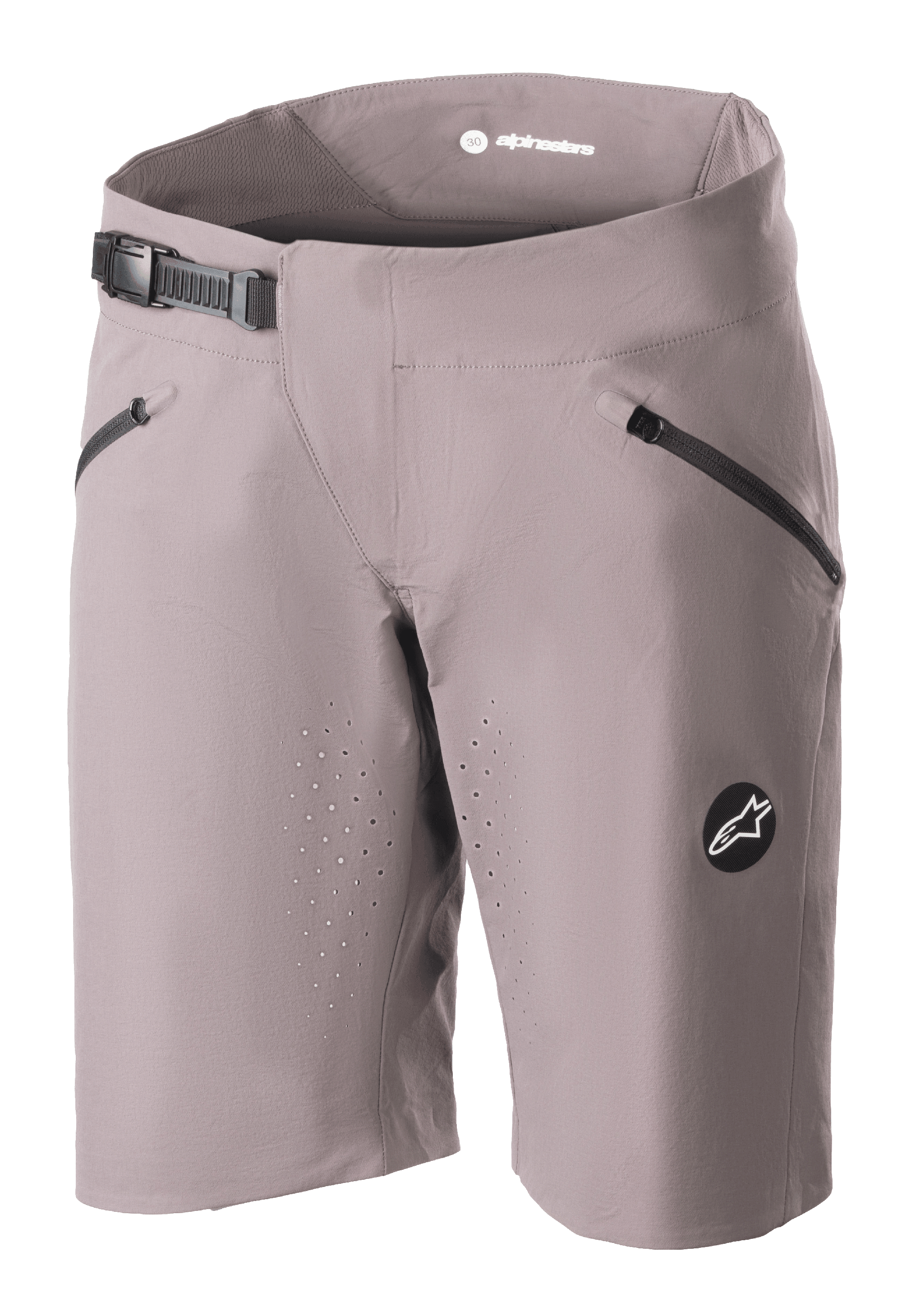 Alpinestars Stella Drop Algorithm, damskie szorty MTB, szare (Sparrow Gray), z czarnym zapięciem na zapadkę, przednie kieszenie na zamek, laserowo wycinane otwory wentylacyjne i okrągłe logo, profesjonalna odzież rowerowa
