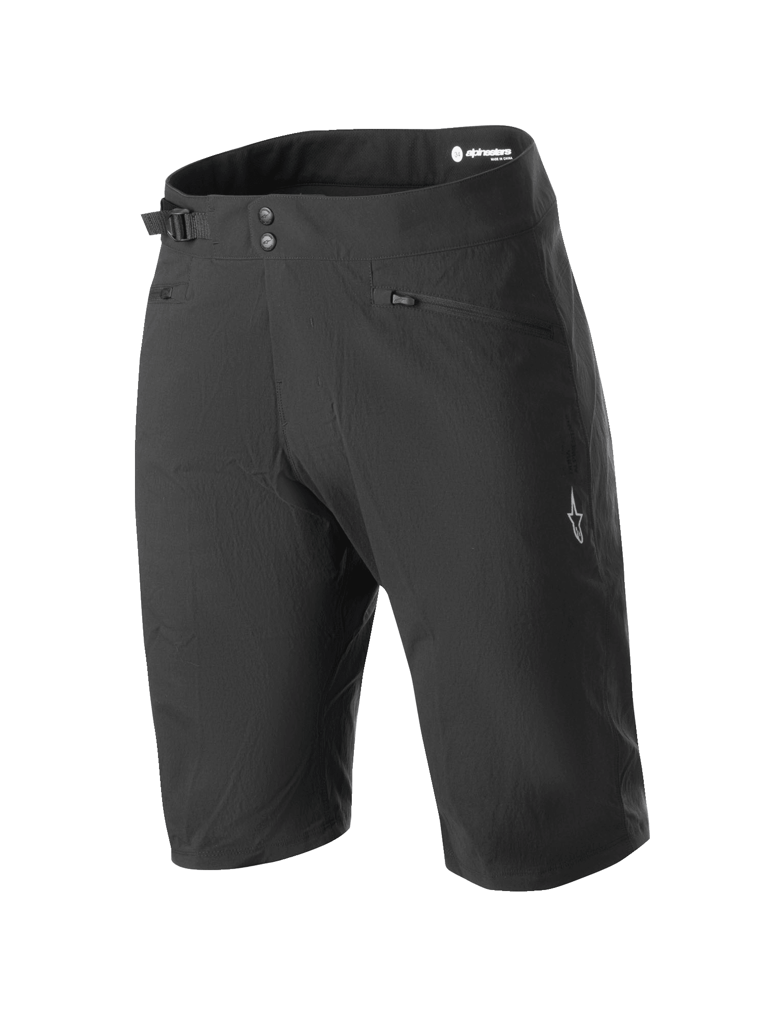 Alpinestars Stella A-Dura Shorts, damskie szorty rowerowe MTB, czarne, podwójne zapięcie na napy i boczna regulacja w pasie, kieszenie zapinane na zamek, techniczny krój do kolan, wytrzymały materiał rozciągliwy w dwóch kierunkach
