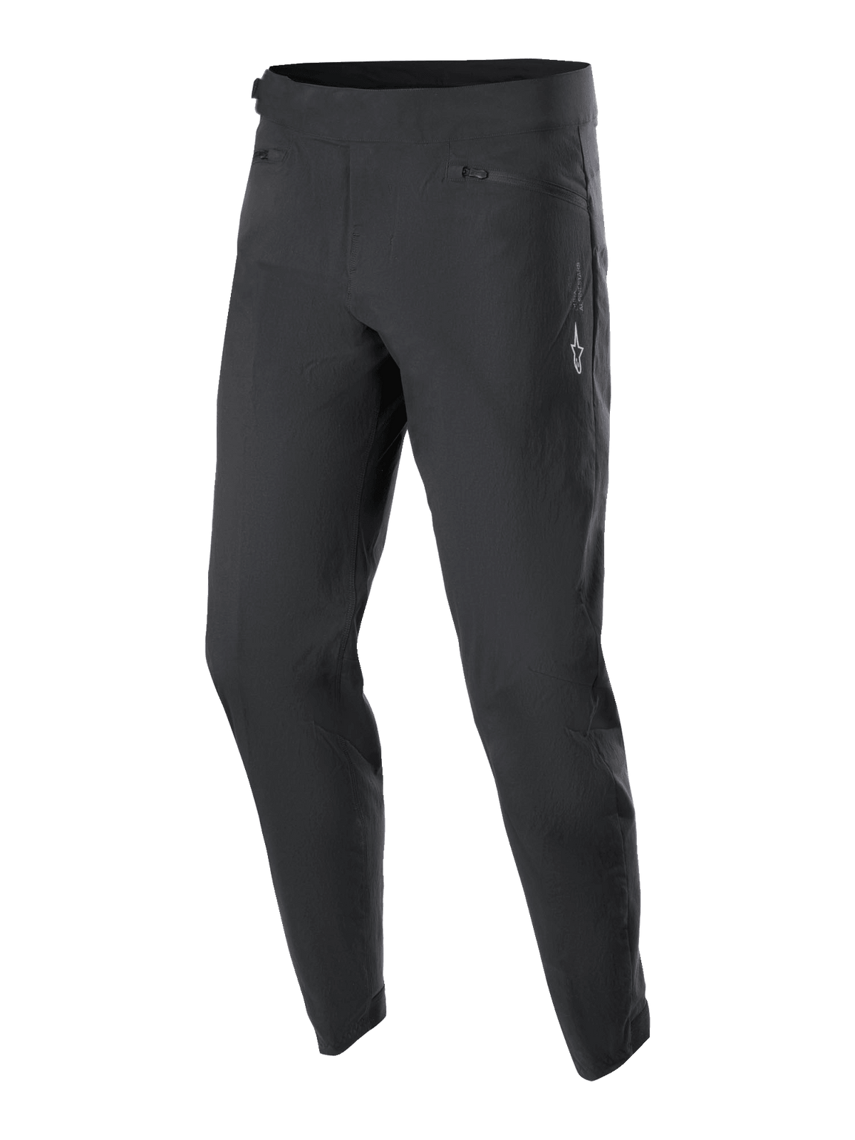 Alpinestars Youth A-Dura Pants, młodzieżowe spodnie rowerowe MTB, czarne, z dwiema przednimi kieszeniami na zamek i małym białym logo Alpinestars na lewym udzie, zwężane nogawki, wytrzymały, elastyczny materiał do młodzieżowego kolarstwa górskiego