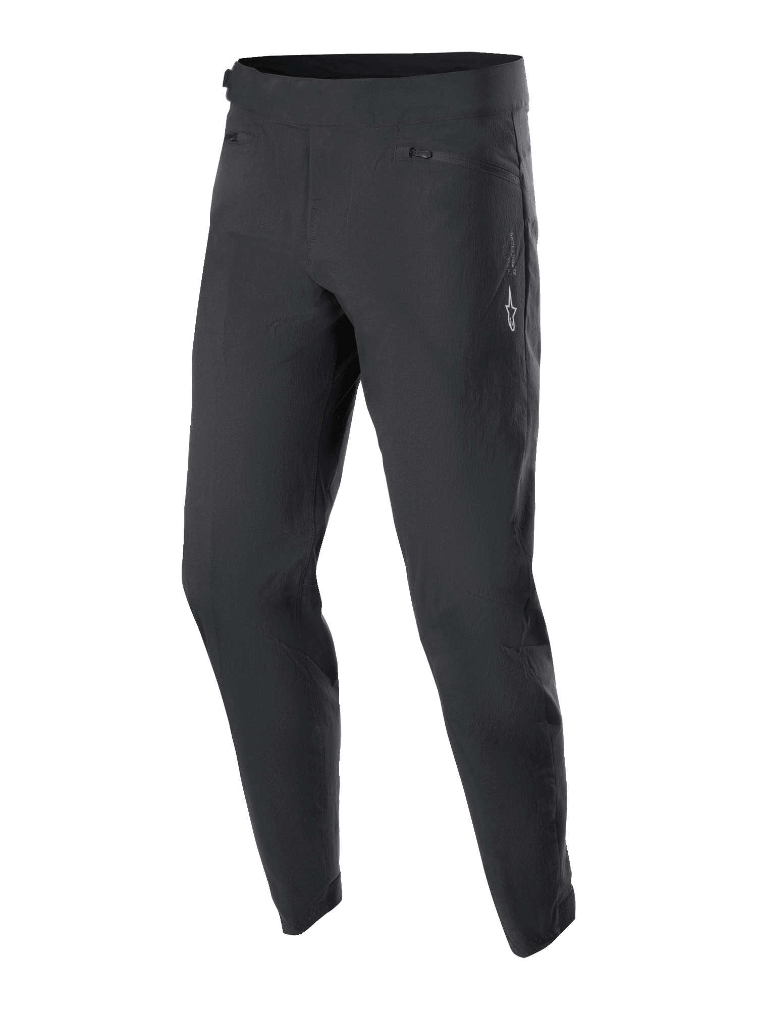 Alpinestars Youth A-Dura Pants, młodzieżowe spodnie rowerowe MTB, czarne, z dwiema przednimi kieszeniami na zamek i małym białym logo Alpinestars na lewym udzie, zwężane nogawki, wytrzymały, elastyczny materiał do młodzieżowego kolarstwa górskiego