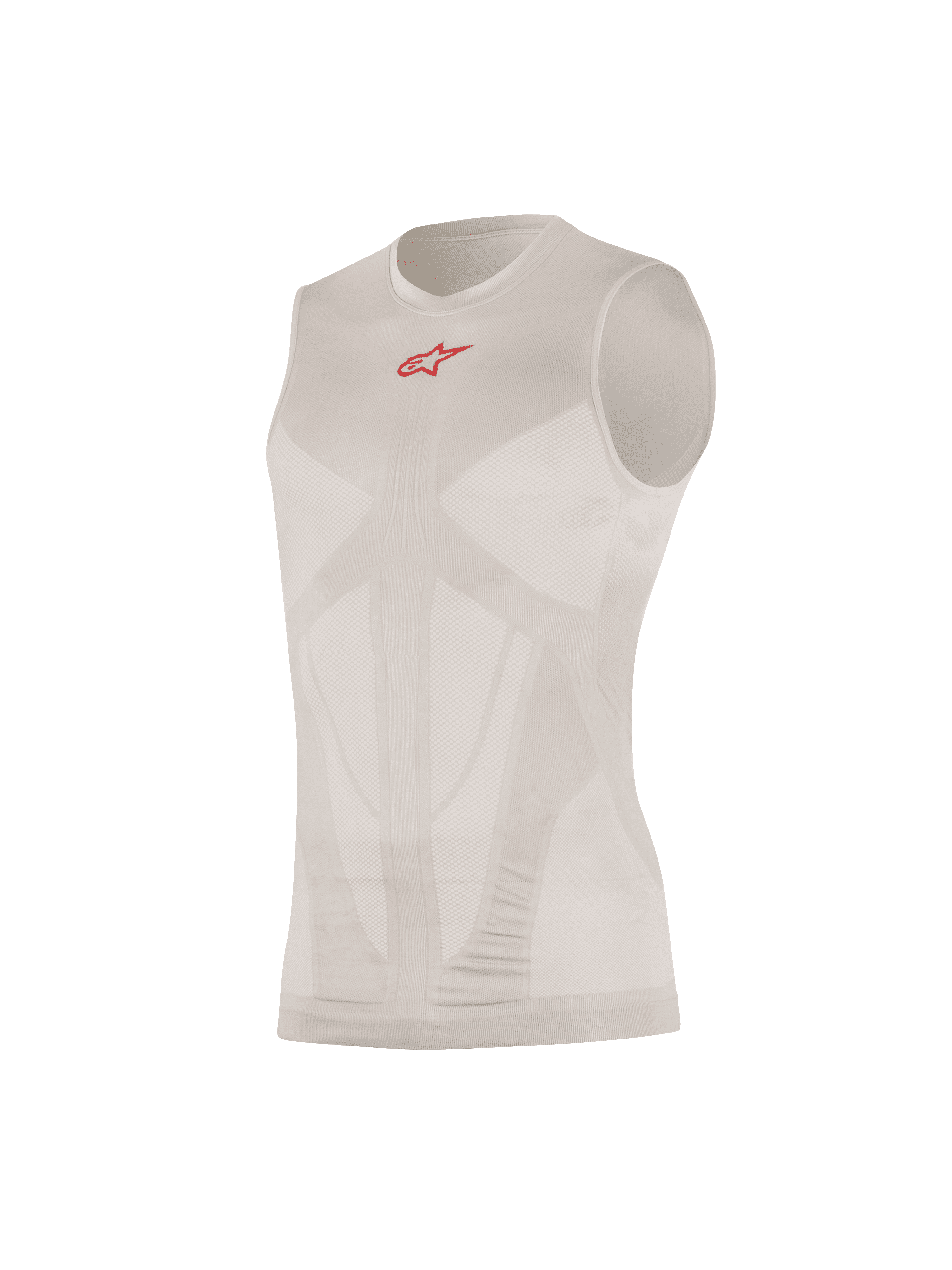 Alpinestars Tech Tank Summer, bezrękawnik, warstwa bazowa, srebrno-czerwony, małe czerwone logo na piersi, siateczkowe panele wentylacyjne, bezszwowa konstrukcja rurowa, ultralekka dzianina techniczna