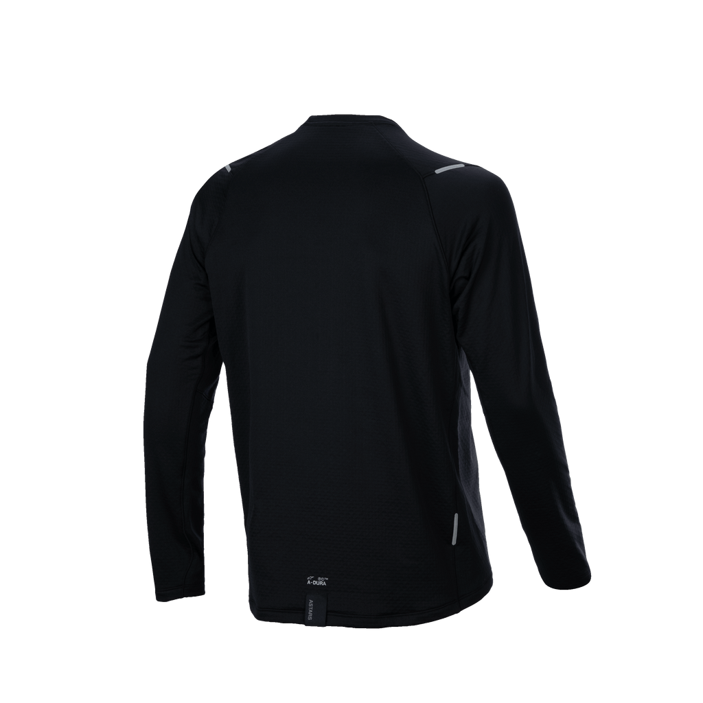 Alpinestars A-Dura Thermal Jersey, widok z tyłu, czarna koszulka rowerowa MTB z długim rękawem, przedłużony tył, teksturowana tkanina izolacyjna, małe logo A-Dura i elementy odblaskowe