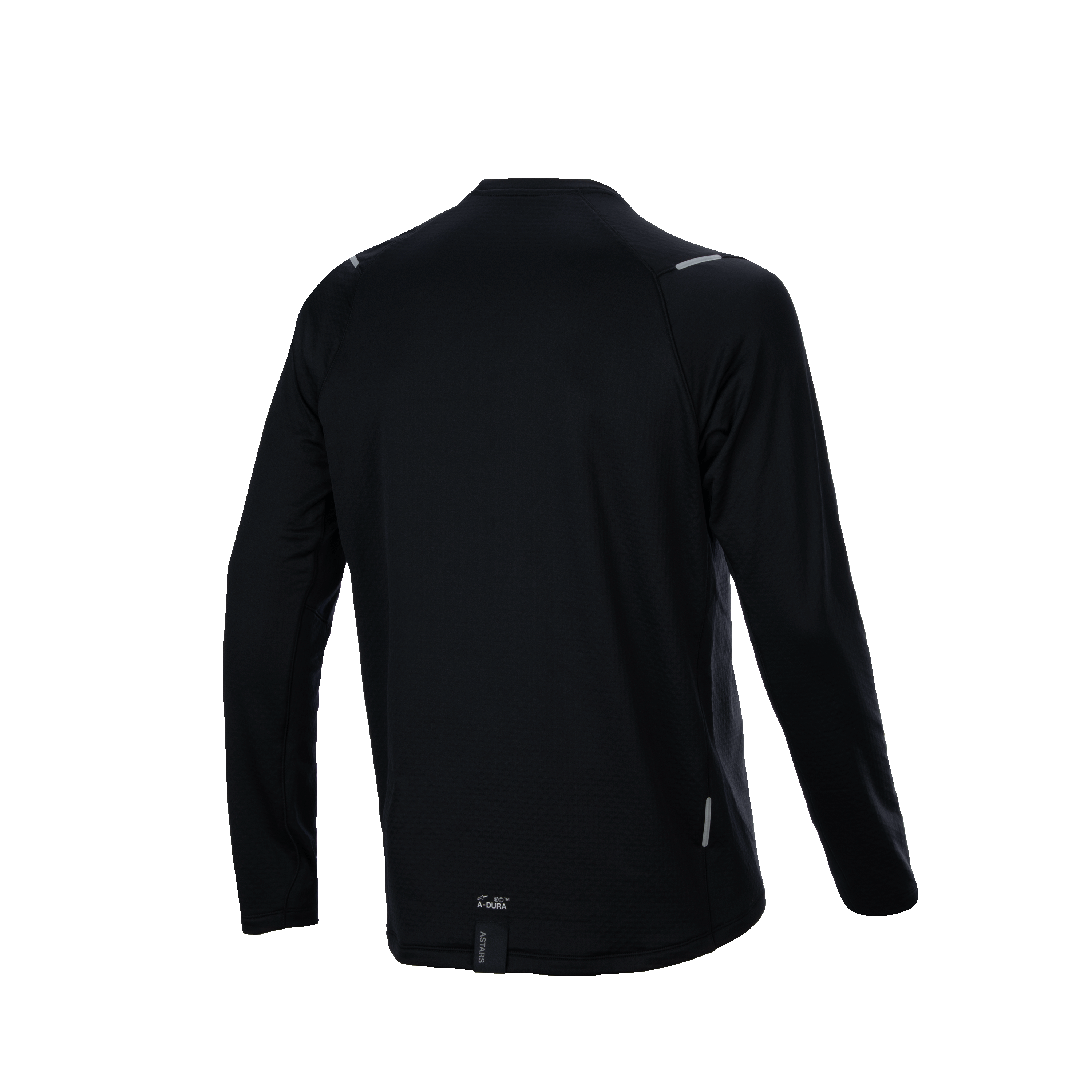 Alpinestars A-Dura Thermal Jersey, widok z tyłu, czarna koszulka rowerowa MTB z długim rękawem, przedłużony tył, teksturowana tkanina izolacyjna, małe logo A-Dura i elementy odblaskowe