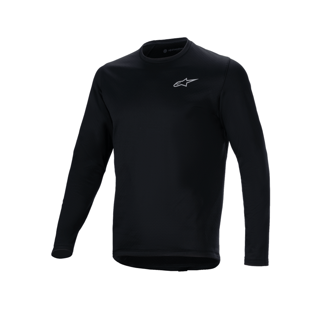 Alpinestars A-Dura Thermal Jersey, czarna koszulka rowerowa z długim rękawem, małe białe logo Alpinestars na klatce piersiowej, przedłużony tył zapewniający osłonę pleców, izolująca wyściółka z polaru do jazdy MTB w chłodne dni