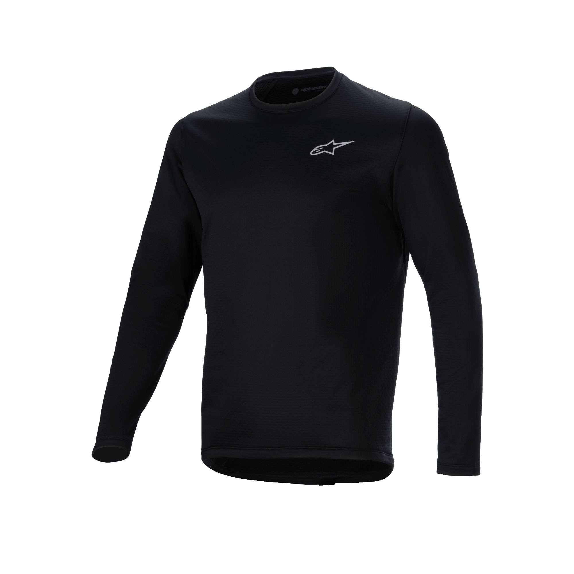 Alpinestars A-Dura Thermal Jersey, czarna koszulka rowerowa z długim rękawem, małe białe logo Alpinestars na klatce piersiowej, przedłużony tył zapewniający osłonę pleców, izolująca wyściółka z polaru do jazdy MTB w chłodne dni