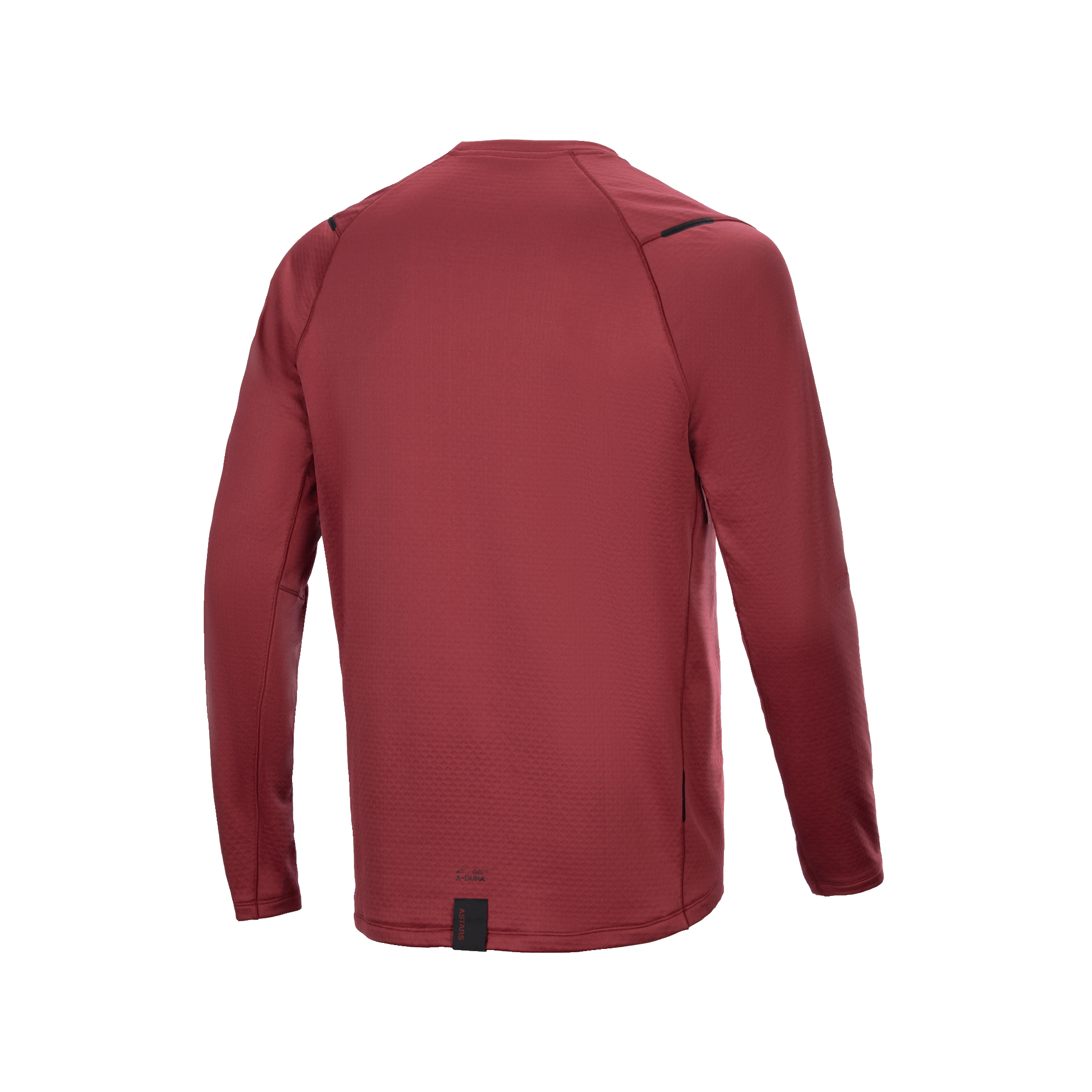 Alpinestars A-Dura Thermal Jersey, rowerowa koszulka termiczna z długim rękawem, burgundowa, widok z tyłu ukazujący przedłużony tył dla lepszej osłony, teksturowana tkanina izolacyjna, minimalistyczne logo na dole