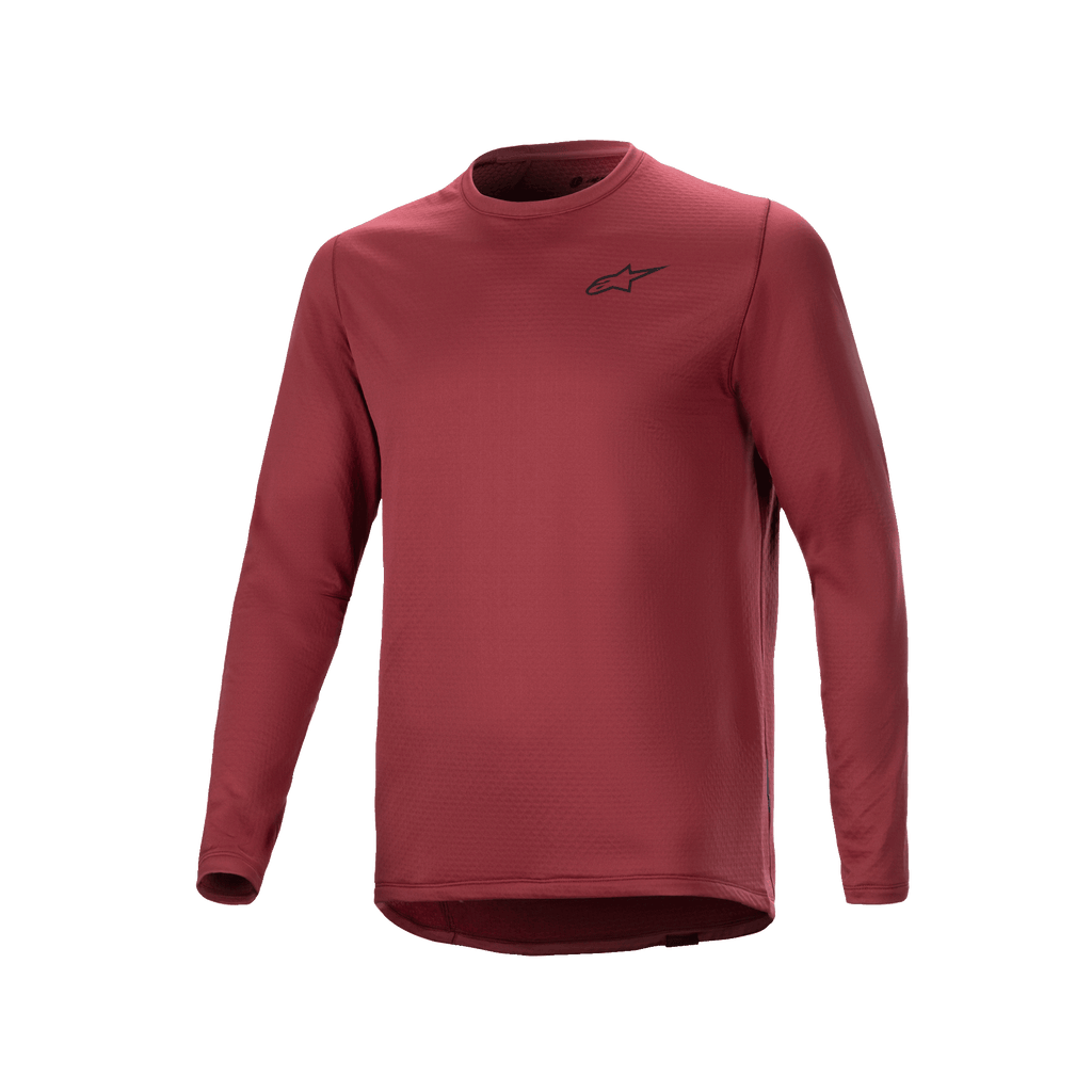 Alpinestars A-Dura Thermal Jersey, rowerowa koszulka termiczna z długim rękawem, bordowa, teksturowany materiał izolacyjny z małym czarnym logo gwiazdy na piersi, przedłużony tył do jazdy MTB.