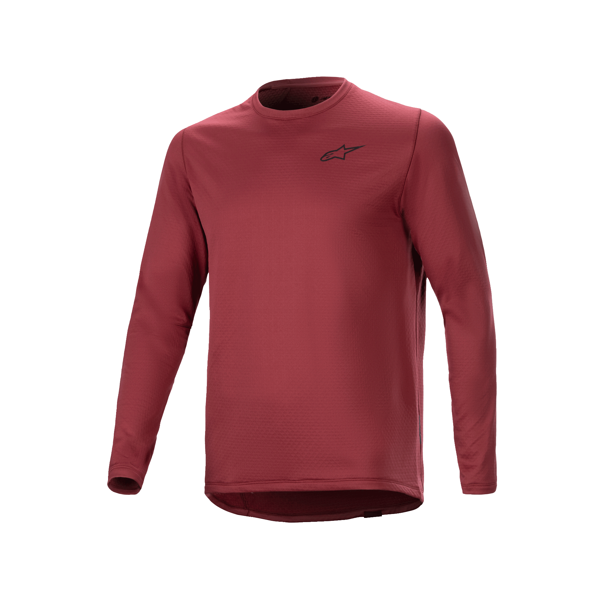 Alpinestars A-Dura Thermal Jersey, rowerowa koszulka termiczna z długim rękawem, bordowa, teksturowany materiał izolacyjny z małym czarnym logo gwiazdy na piersi, przedłużony tył do jazdy MTB.