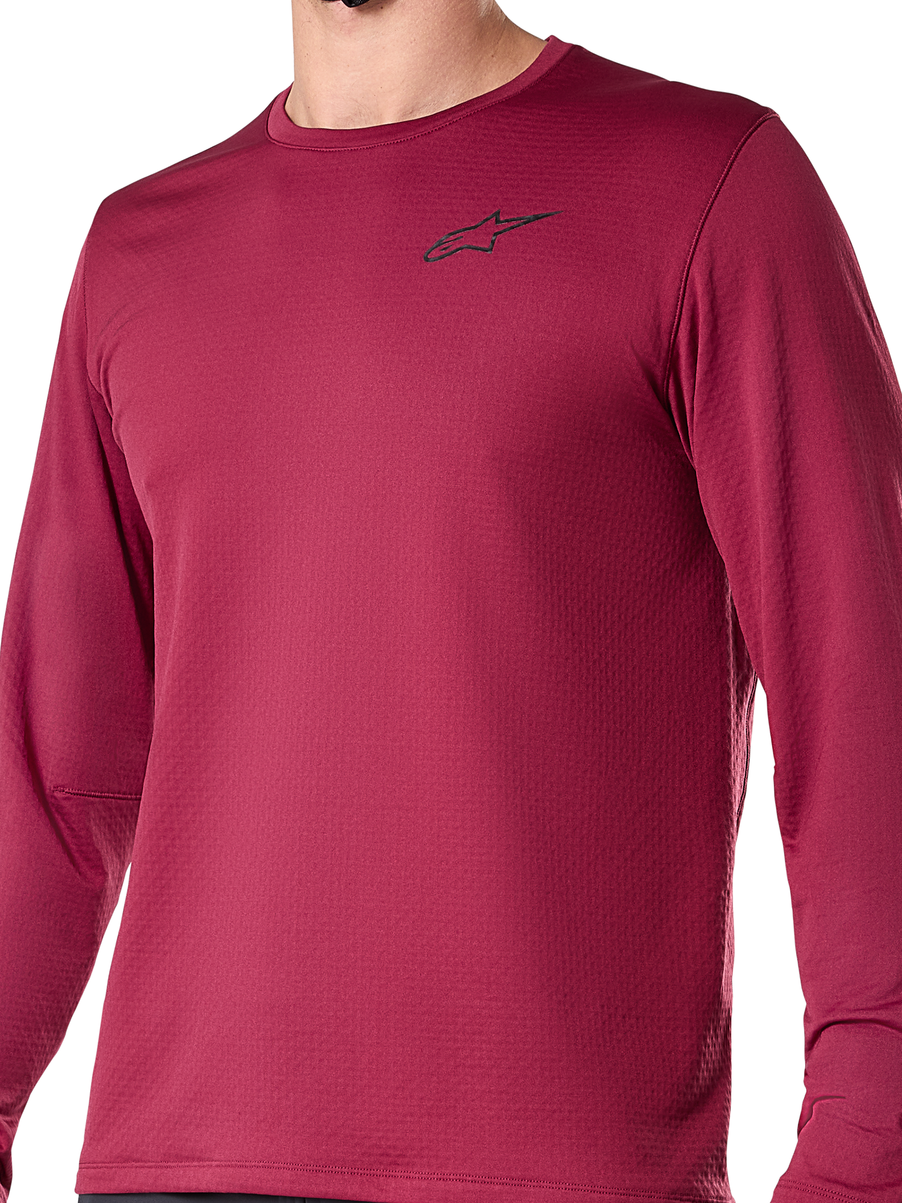 Alpinestars A-Dura Thermal Jersey, koszulka rowerowa z długim rękawem, burgundowa, z małym czarnym logo na piersi, teksturowana tkanina termiczna, regularny krój do jazdy MTB