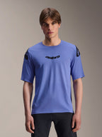 Alpinestars A-Aria Polartec Elite Jersey, Short Sleeve MTB Jersey, Baja Blue, worn by a male model, featuring black 'astars' wordmark on the chest and shoulder logos, performance trail riding apparel.