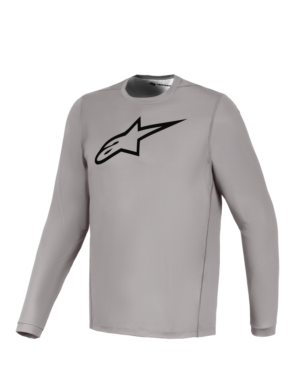 Szara koszulka Alpinestars A-Dura Ride z długim rękawem, czarne logo na piersi, oddychający, elastyczny materiał MTB.