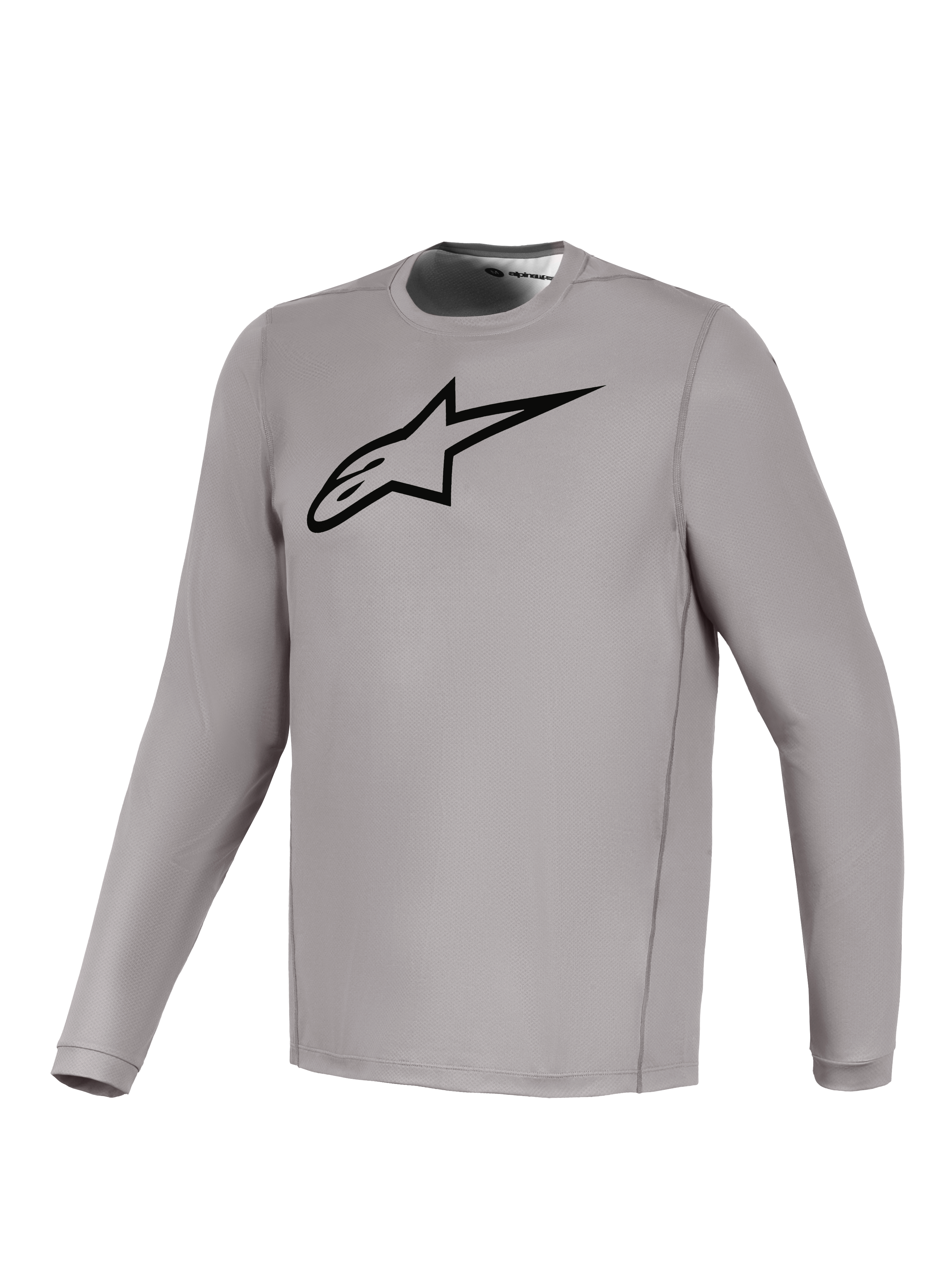 Szara koszulka Alpinestars A-Dura Ride z długim rękawem, czarne logo na piersi, oddychający, elastyczny materiał MTB.