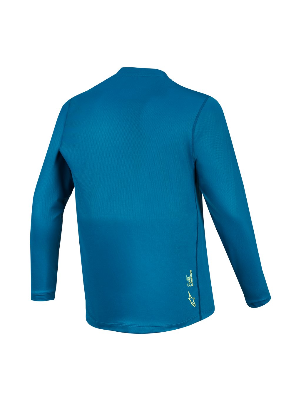 Niebiesko-zielona koszulka MTB A-Dura Ride z długim rękawem, widok z tyłu, techniczny materiał z małym żółtym logo.