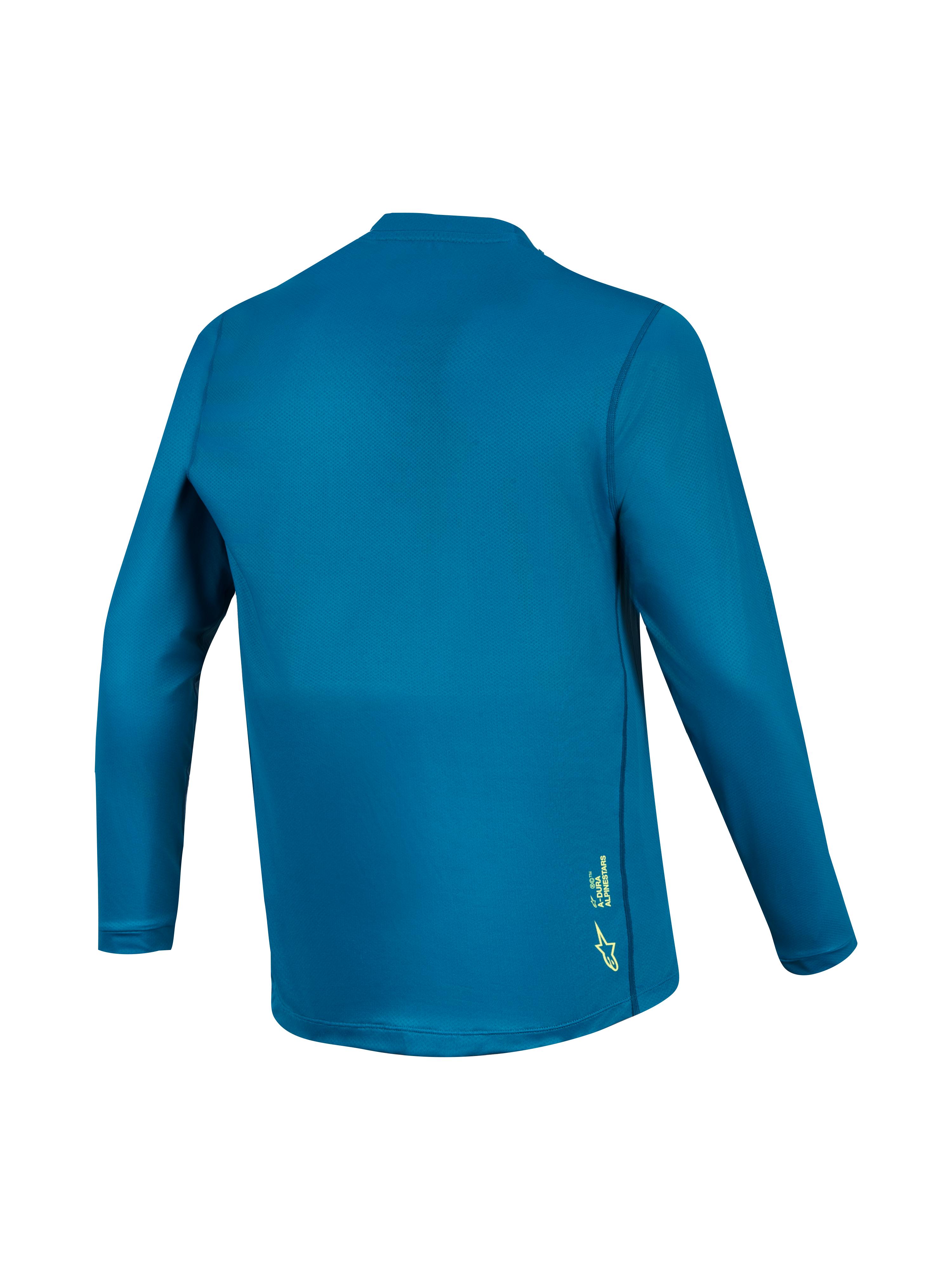 Niebiesko-zielona koszulka MTB A-Dura Ride z długim rękawem, widok z tyłu, techniczny materiał z małym żółtym logo.