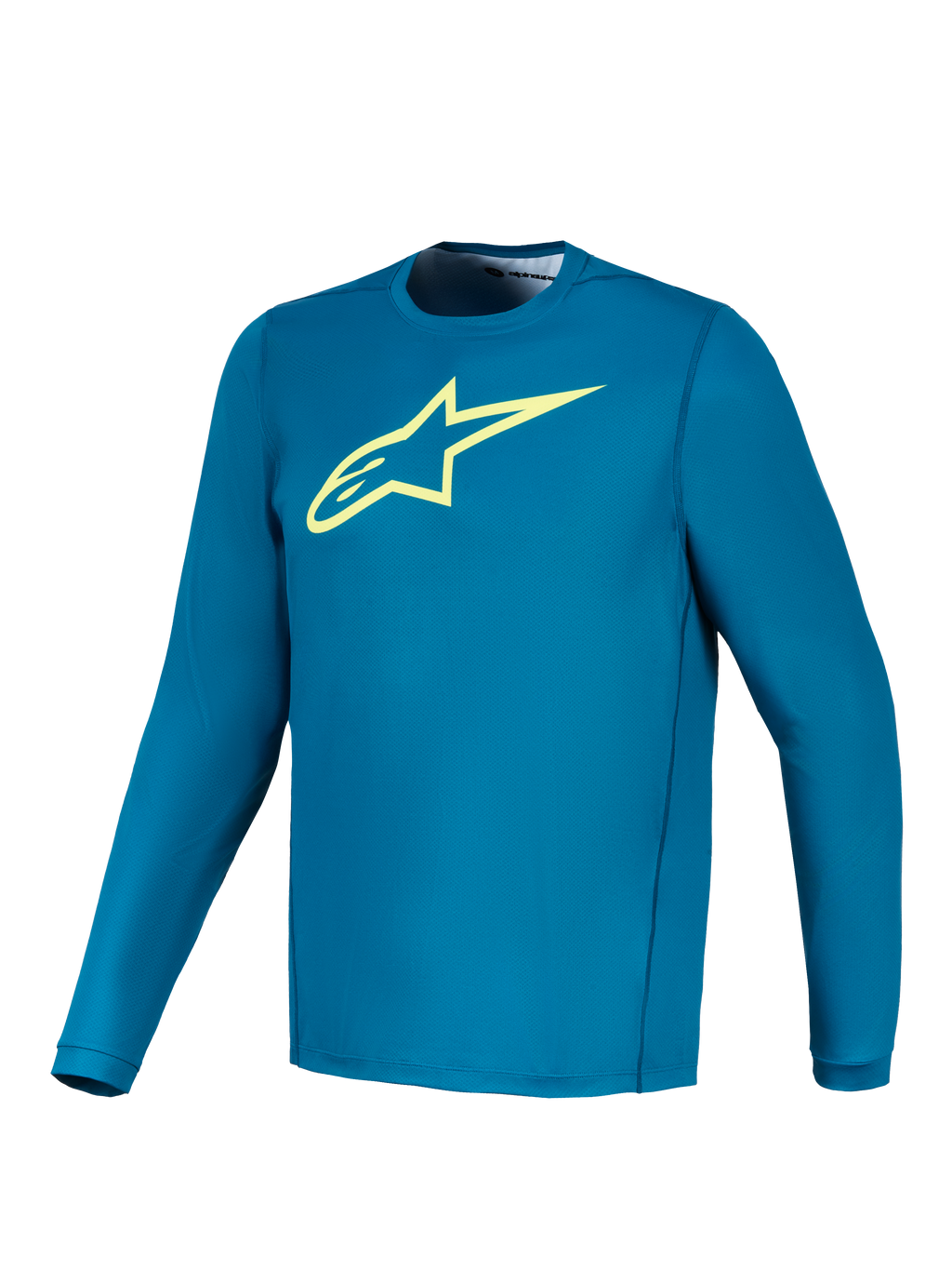 Koszulka Alpinestars A-Dura Ride z długim rękawem, niebiesko-zielona z limonkowym logo Astars, odzież MTB.