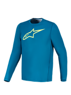 Koszulka Alpinestars A-Dura Ride z długim rękawem, niebiesko-zielona z limonkowym logo Astars, odzież MTB.