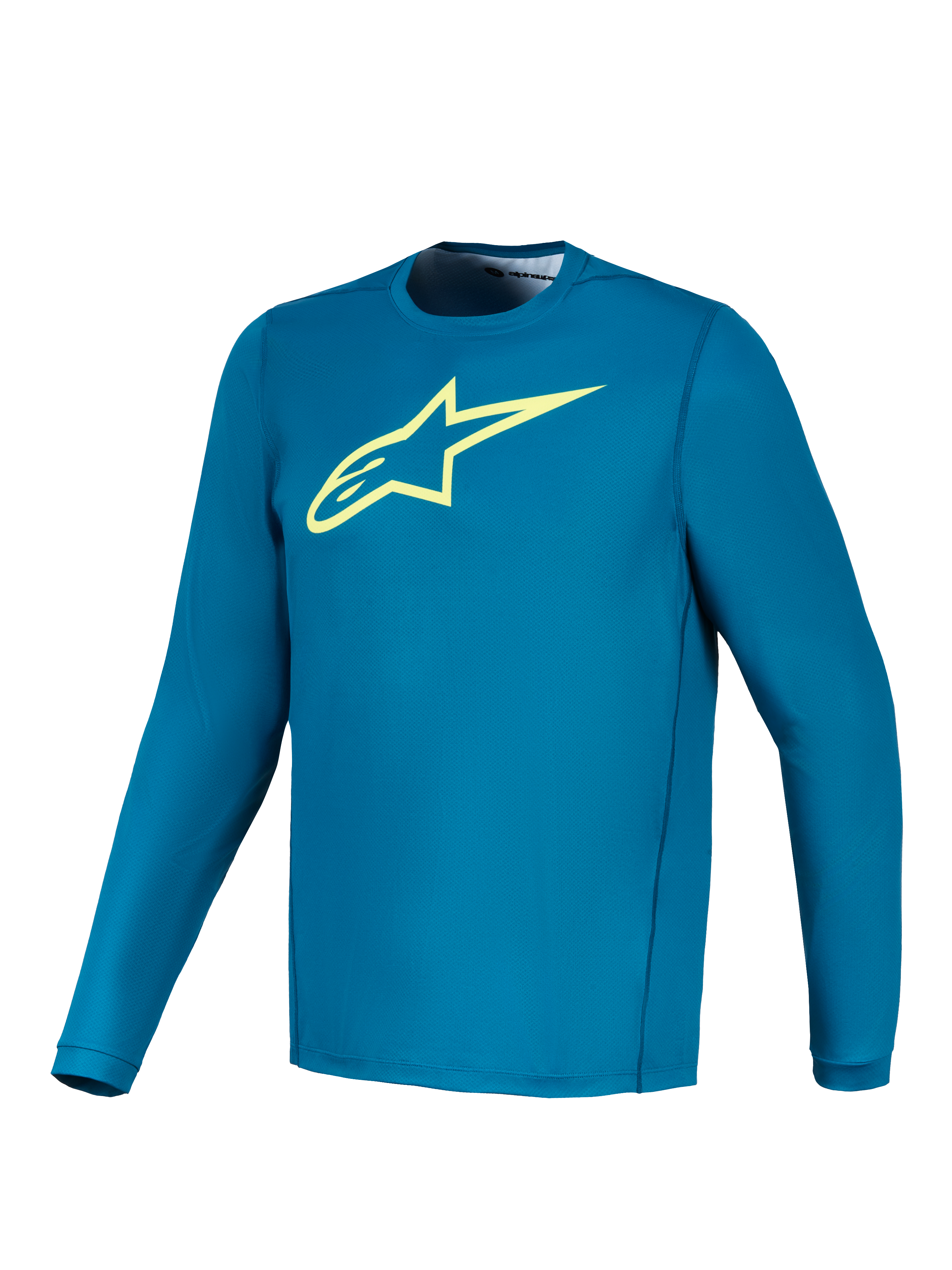 Koszulka Alpinestars A-Dura Ride z długim rękawem, niebiesko-zielona z limonkowym logo Astars, odzież MTB.