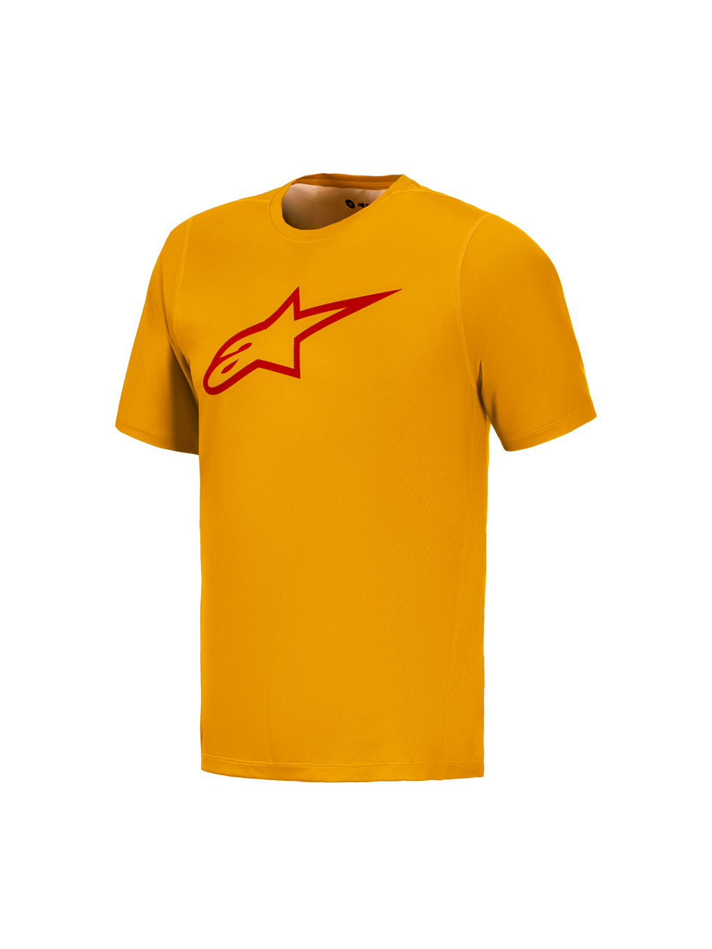 Pomarańczowa koszulka Alpinestars A-Dura Ride z krótkim rękawem i czerwonym logo Astars, techniczna odzież MTB.
