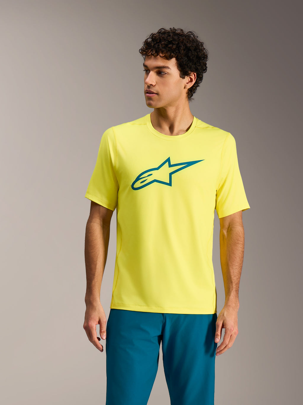 Koszulka MTB Alpinestars A-Dura Ride Yellow Fluo z krótkim rękawem, morskie logo, odzież rowerowa wydajnościowa.