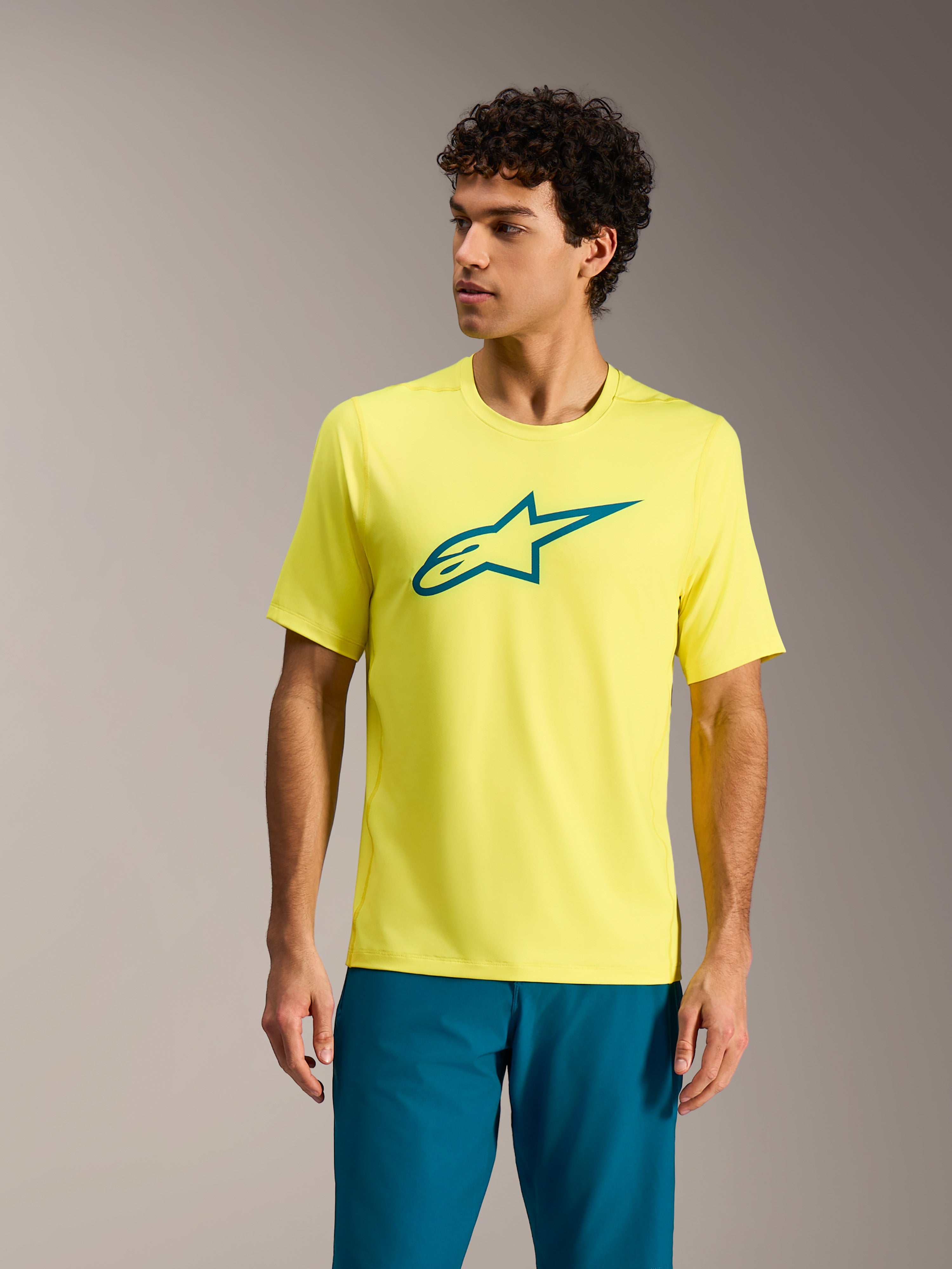 Koszulka MTB Alpinestars A-Dura Ride Yellow Fluo z krótkim rękawem, morskie logo, odzież rowerowa wydajnościowa.