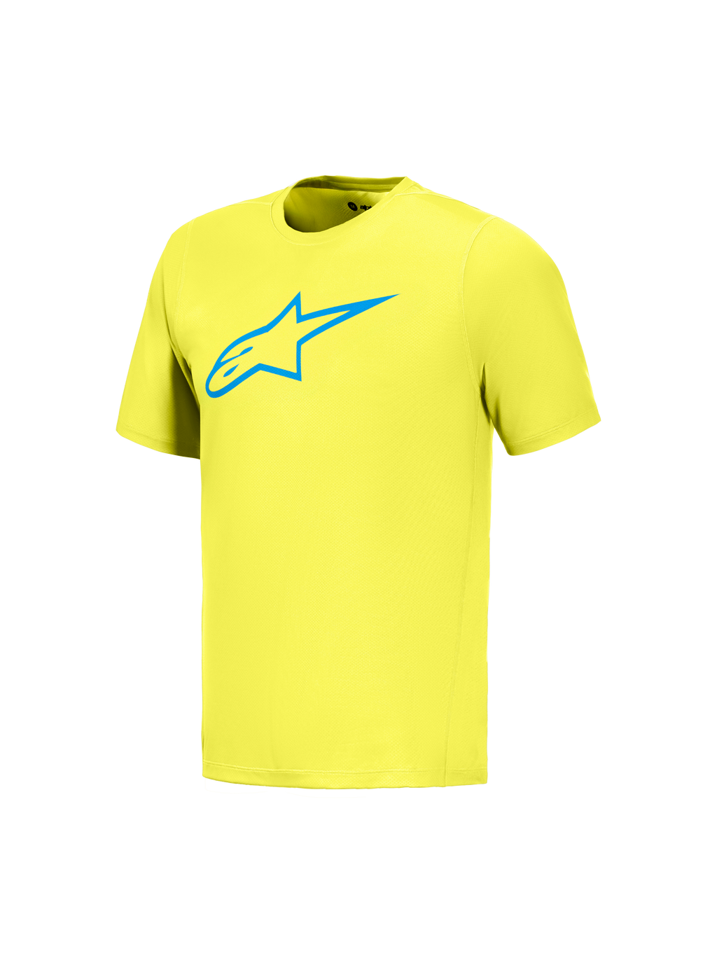 Koszulka Alpinestars A-Dura Ride, neonowożółta z niebieskim logo Astars, techniczna odzież MTB z krótkim rękawem.