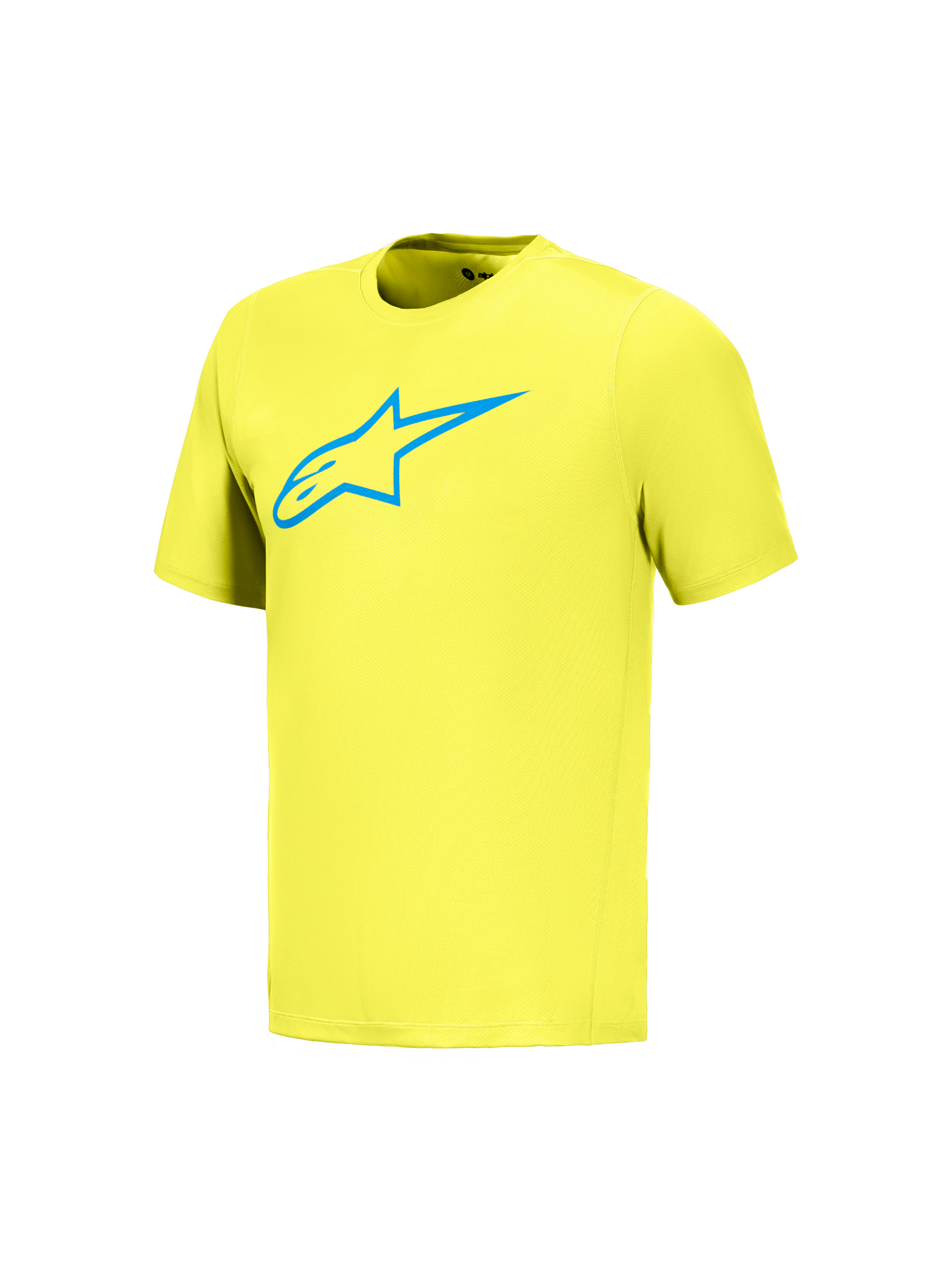 Koszulka Alpinestars A-Dura Ride, neonowożółta z niebieskim logo Astars, techniczna odzież MTB z krótkim rękawem.