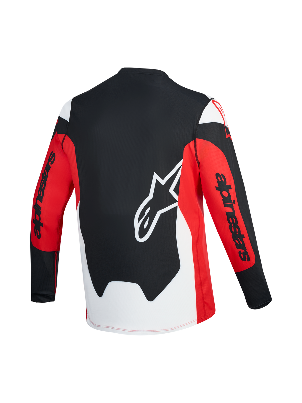 Czerwono-czarna koszulka A-Dura Race LS, widok z tyłu z białym logo Astars i brandingiem Alpinestars na rękawach.