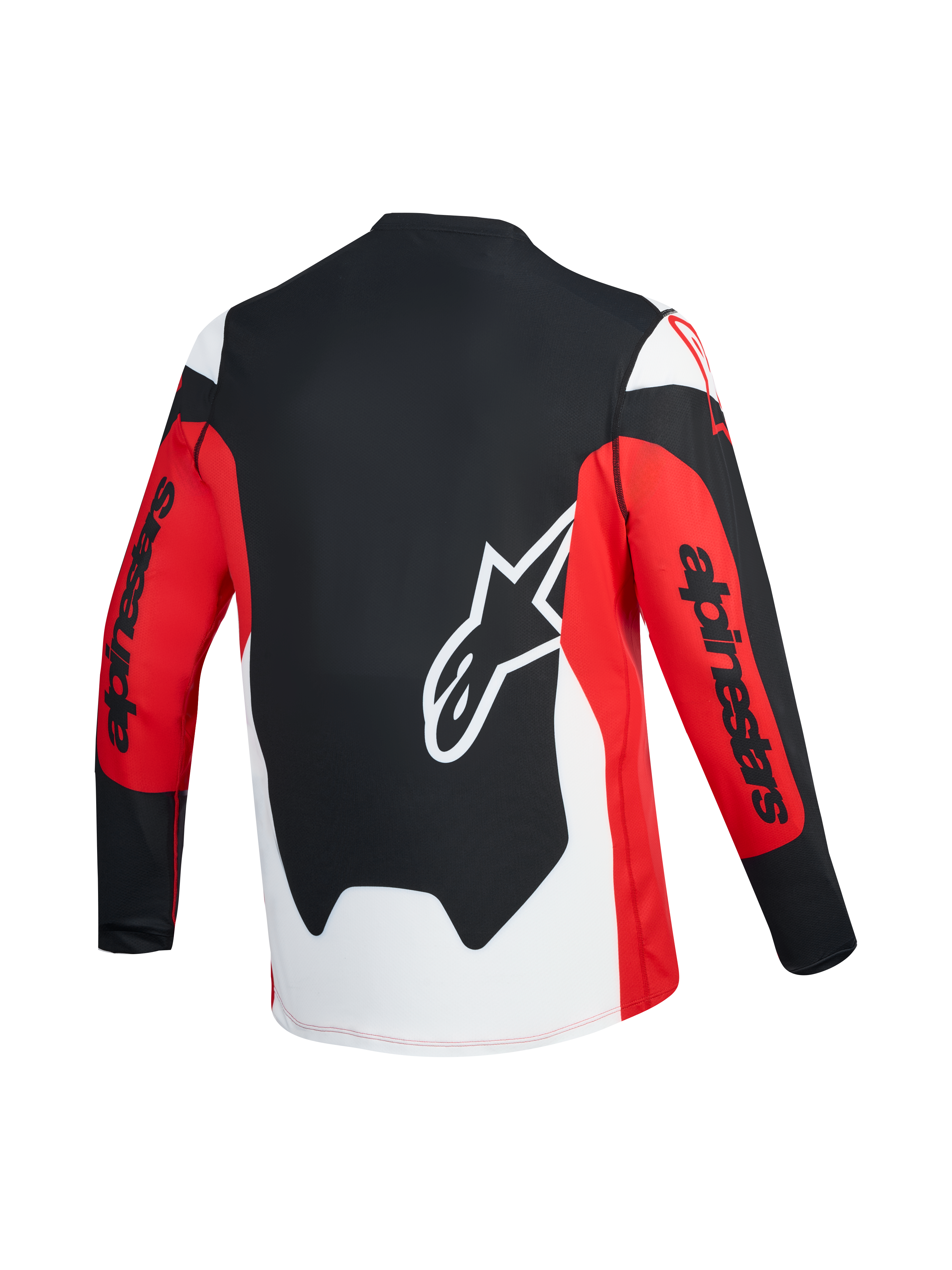 Czerwono-czarna koszulka A-Dura Race LS, widok z tyłu z białym logo Astars i brandingiem Alpinestars na rękawach.
