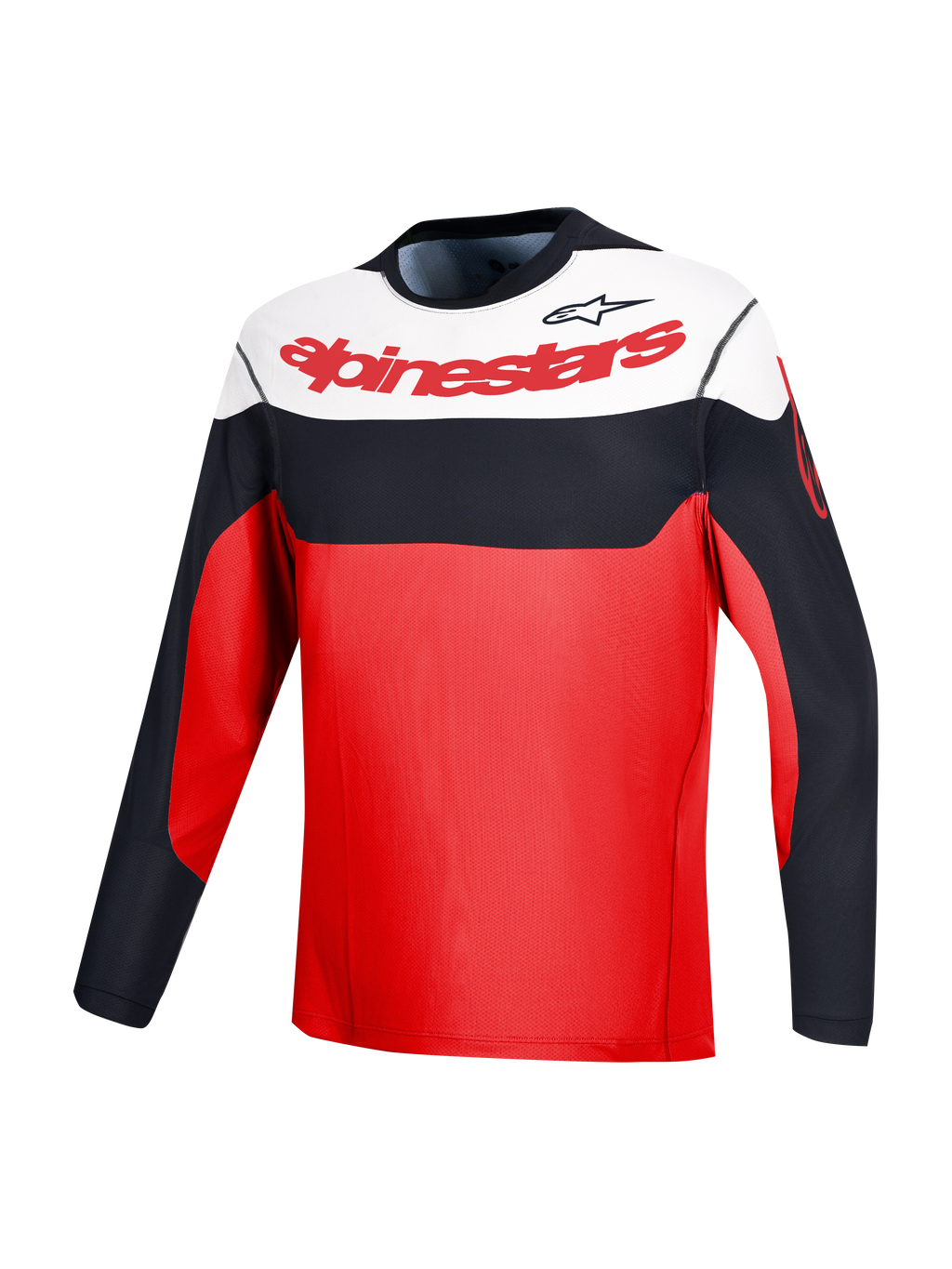 Czerwona koszulka A-Dura Race z długim rękawem, logo Alpinestars i czarno-białe panele, idealna do MTB.