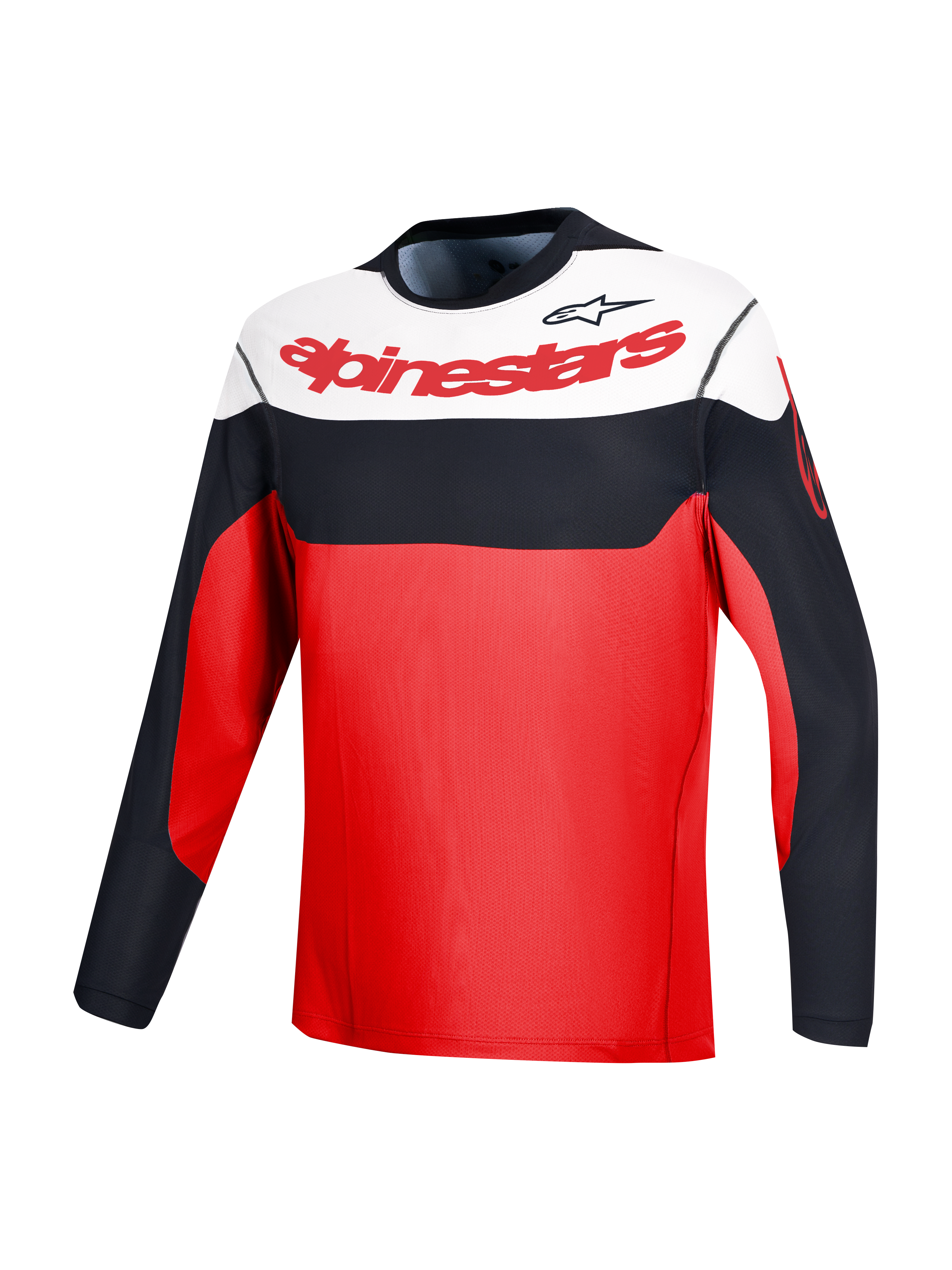 Czerwona koszulka A-Dura Race z długim rękawem, logo Alpinestars i czarno-białe panele, idealna do MTB.