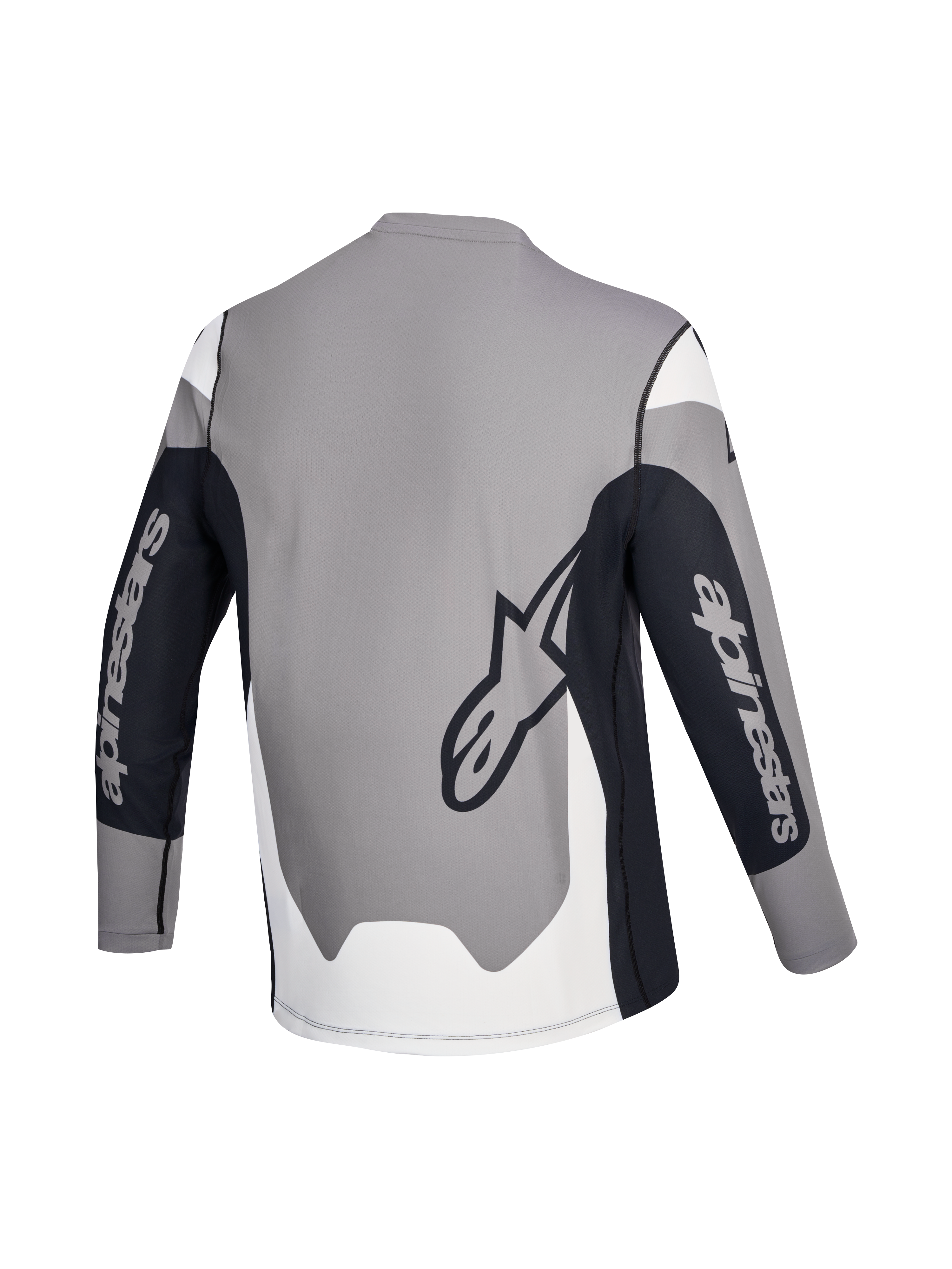 Alpinestars A-Dura Race Jersey, Long Sleeve MTB jersey, rear view showing gray, black and white colorway with brand logos