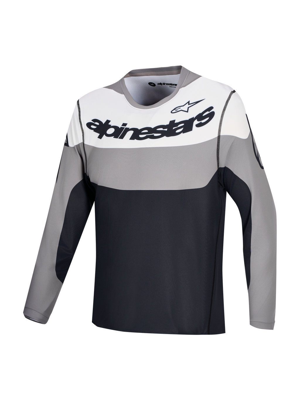 Alpinestars A-Dura Race Jersey, Long Sleeve MTB Cycling Jersey, Gray, White and Black with chest logo graphics, lightweight recycled stretch fabric
