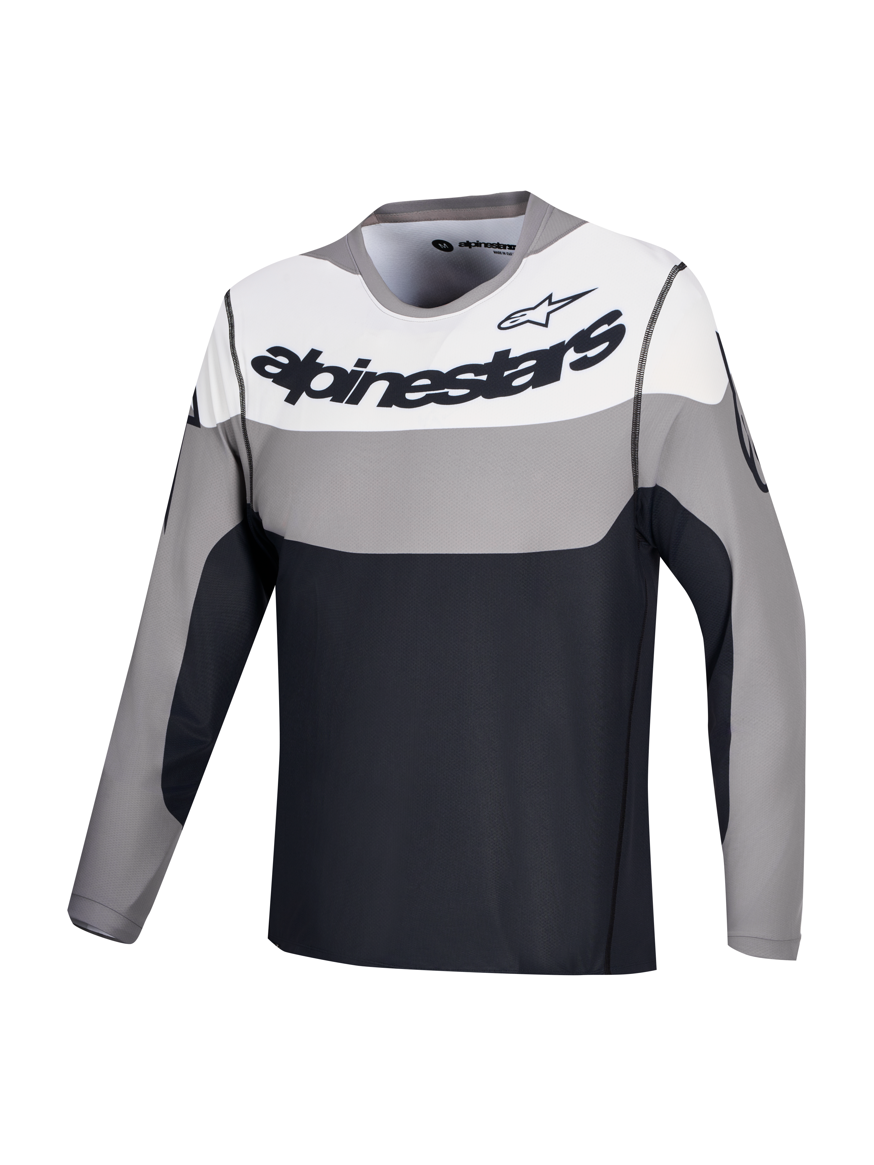 Alpinestars A-Dura Race Jersey, Long Sleeve MTB Cycling Jersey, Gray, White and Black with chest logo graphics, lightweight recycled stretch fabric
