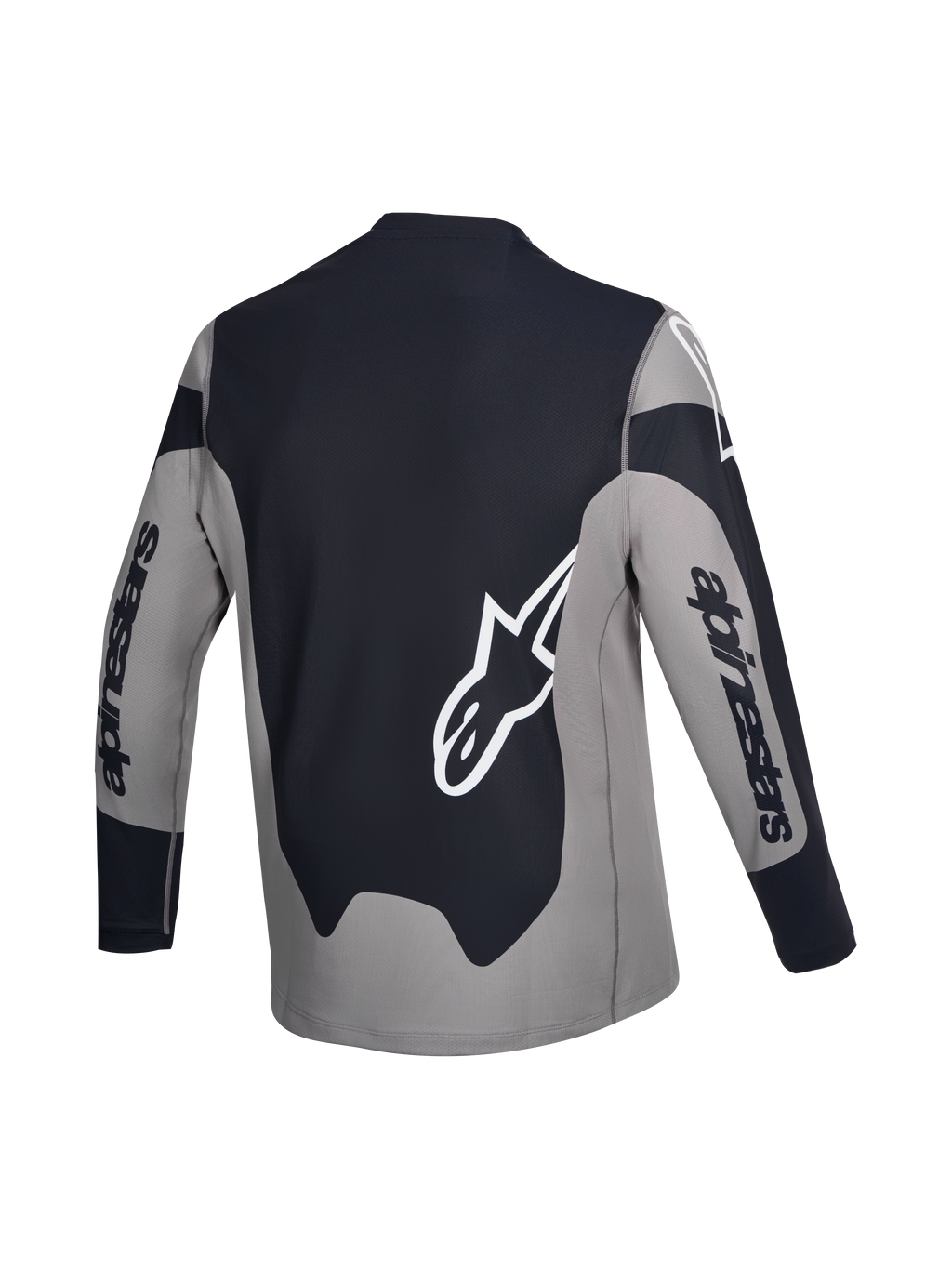 Alpinestars A-Dura Race Jersey, long-sleeve MTB cycling jersey, back view, gray and black with white logo graphics, lightweight recycled stretch fabric with a drop tail