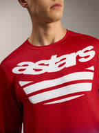 Koszulka MTB Alpinestars A-Dura ASTARS 2.0, jasnoczerwona z długim rękawem, biały napis i grafika w paski na piersi.
