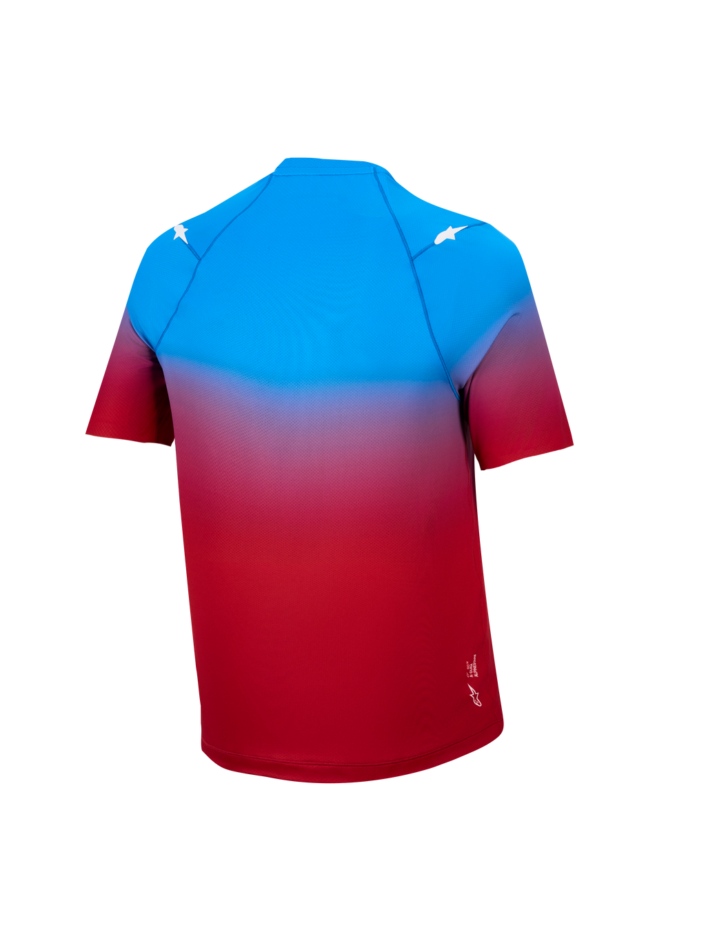 Koszulka A-Dura ASTARS 2.0 z krótkim rękawem, czerwono-niebieski gradient, techniczny top MTB z białymi gwiazdami.