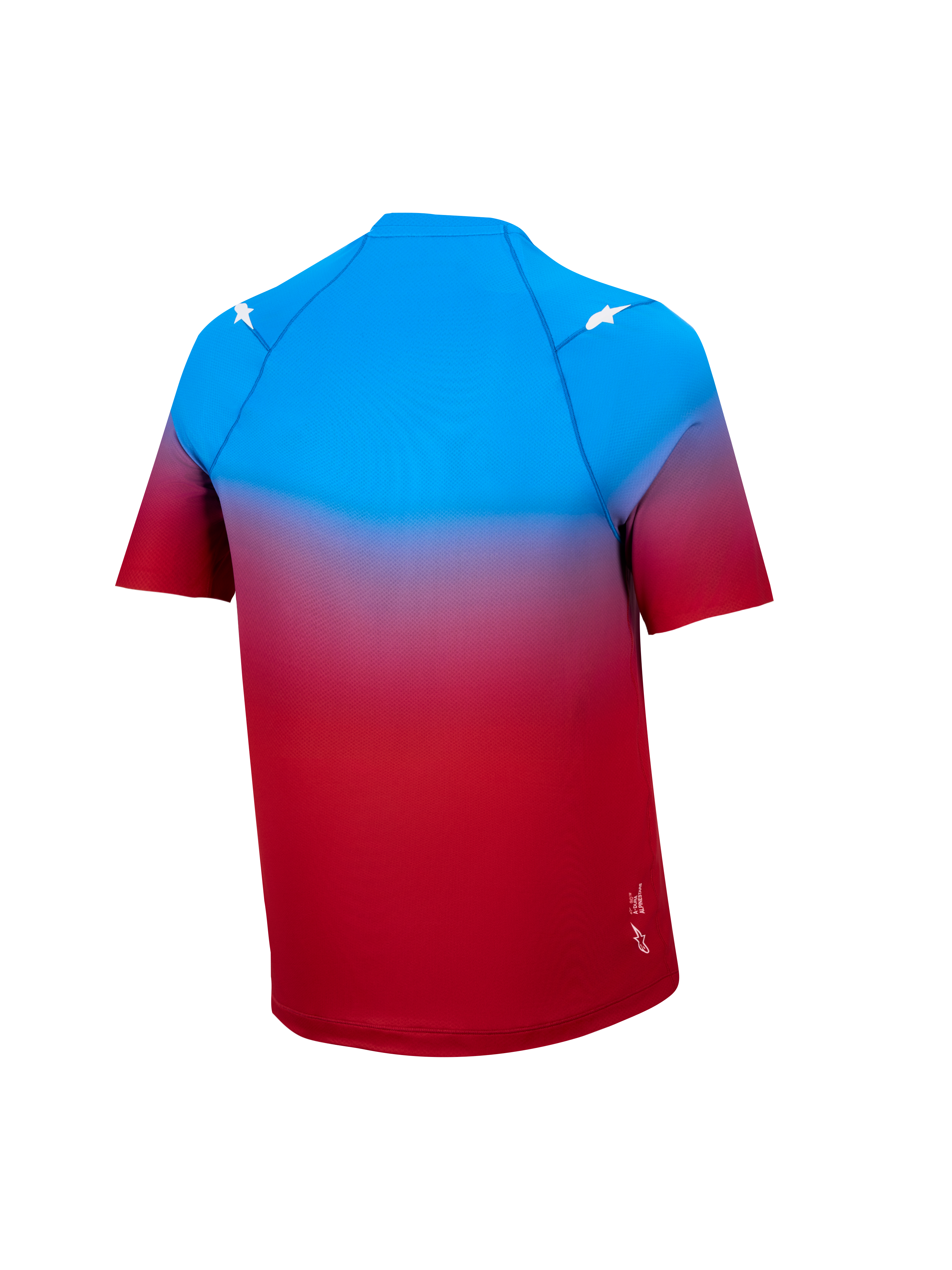 Koszulka A-Dura ASTARS 2.0 z krótkim rękawem, czerwono-niebieski gradient, techniczny top MTB z białymi gwiazdami.