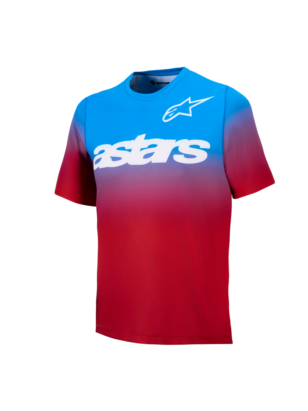 Koszulka MTB A-Dura ASTARS 2.0 z krótkim rękawem, czerwono-niebieski gradient i białe logo na piersi.