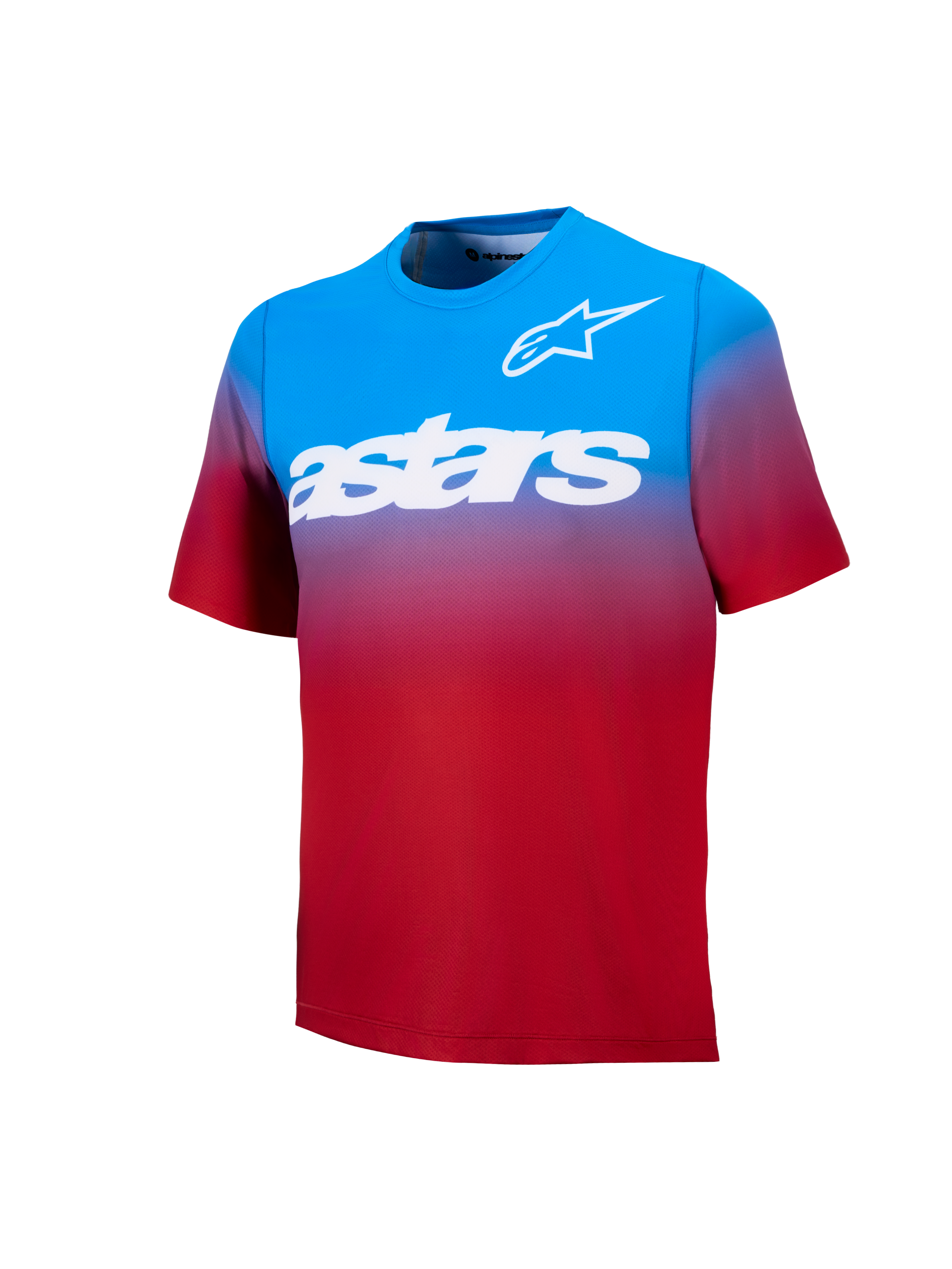 Koszulka MTB A-Dura ASTARS 2.0 z krótkim rękawem, czerwono-niebieski gradient i białe logo na piersi.