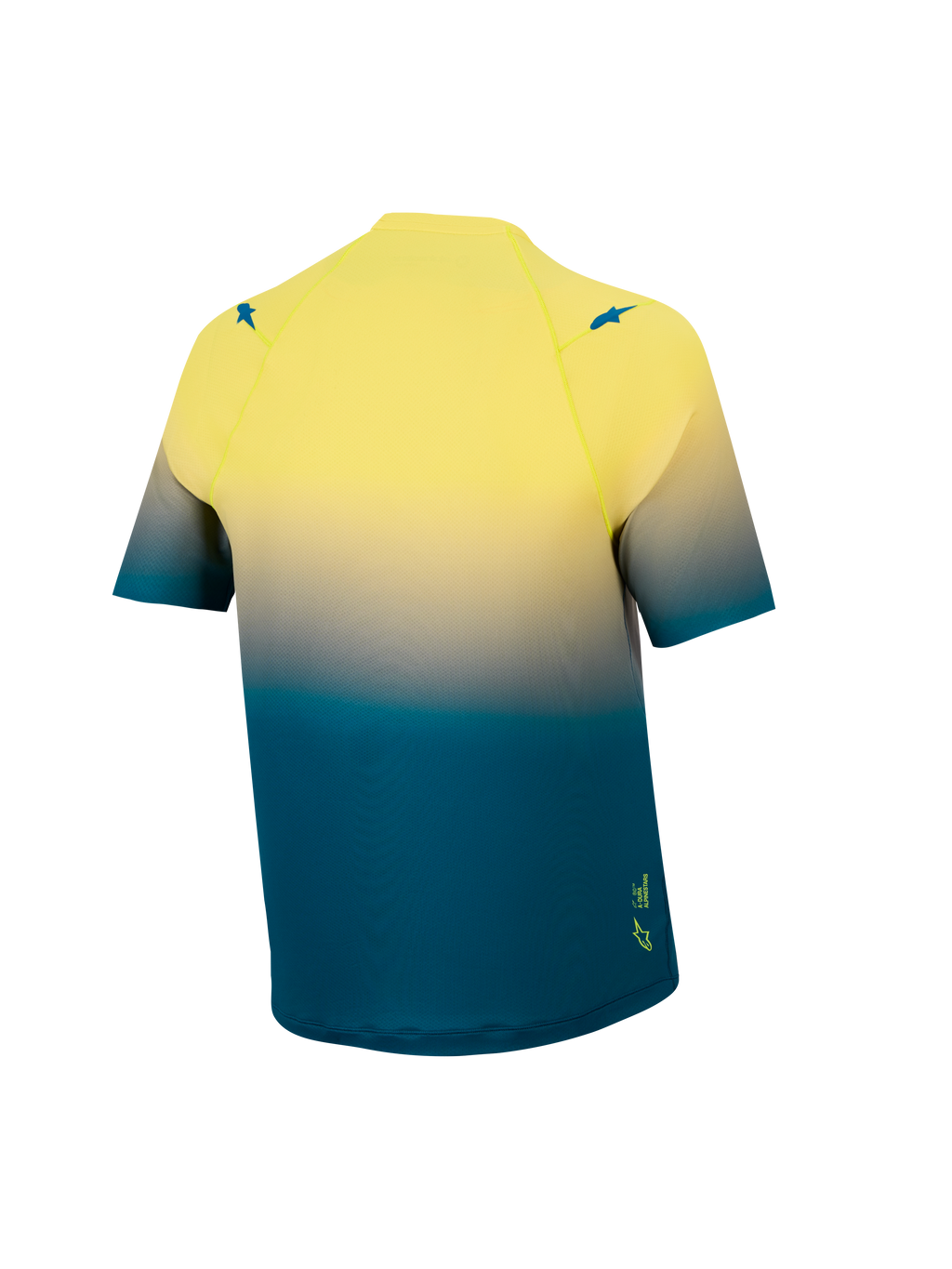 Koszulka A-Dura ASTARS 2.0 z tyłu, niebiesko-żółty gradient fluo, elastyczny materiał MTB z krótkim rękawem.