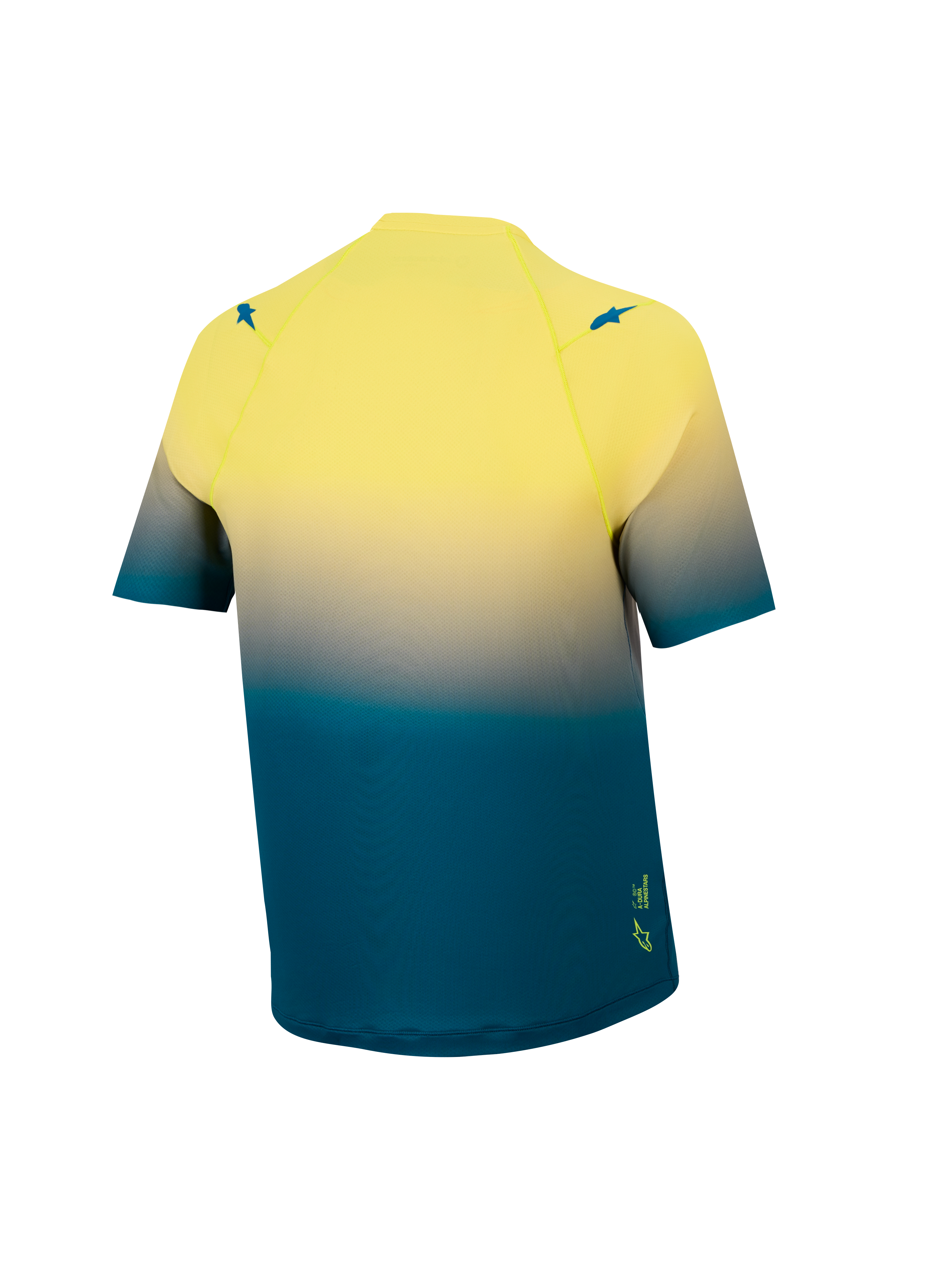 Koszulka A-Dura ASTARS 2.0 z tyłu, niebiesko-żółty gradient fluo, elastyczny materiał MTB z krótkim rękawem.