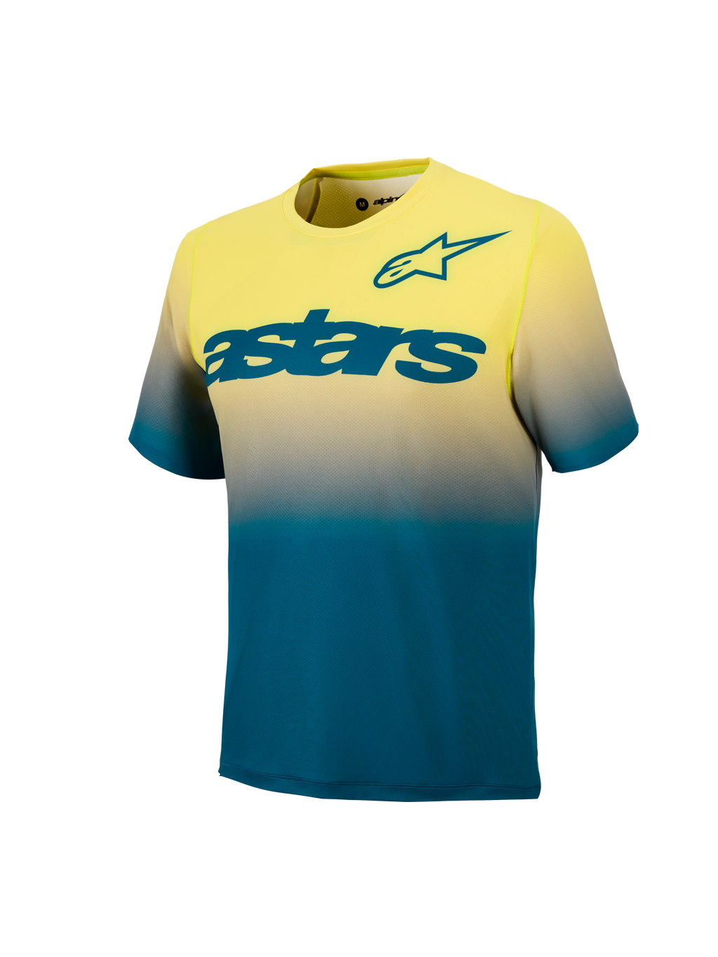 Koszulka MTB A-Dura ASTARS 2.0 z krótkim rękawem, gradient Yellow Fluo i Blue Green, wyraźne morskie logo na piersi.