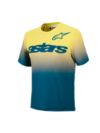 Koszulka MTB A-Dura ASTARS 2.0 z krótkim rękawem, gradient Yellow Fluo i Blue Green, wyraźne morskie logo na piersi.
