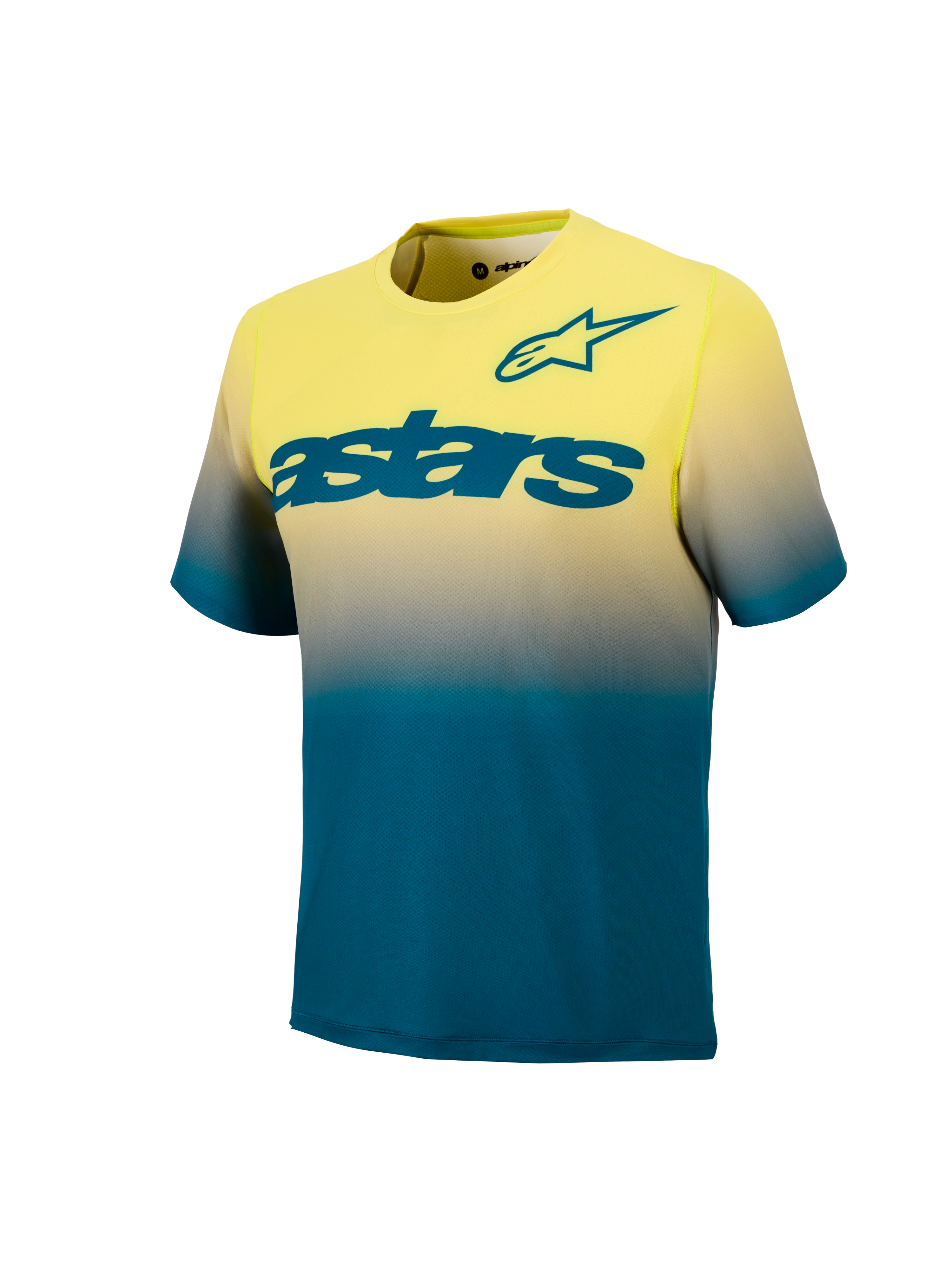 Koszulka MTB A-Dura ASTARS 2.0 z krótkim rękawem, gradient Yellow Fluo i Blue Green, wyraźne morskie logo na piersi.