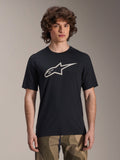 Alpinestars A-Dura Astar Jersey, koszulka MTB z krótkim rękawem, czarna z białym logo gwiazdy, noszona ze spodniami moro, casualowa odzież do kolarstwa górskiego, techniczny materiał odprowadzający wilgoć