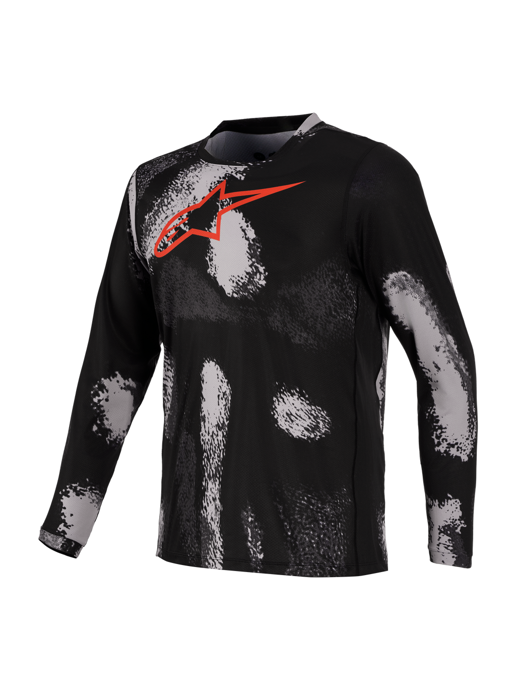 Alpinestars A-Dura Ride Jersey, Long Sleeve MTB Mountain Bike Jersey, Black Camo with Red Chest Logo, Recycled Poly/Spandex Quick-Drying Fabric