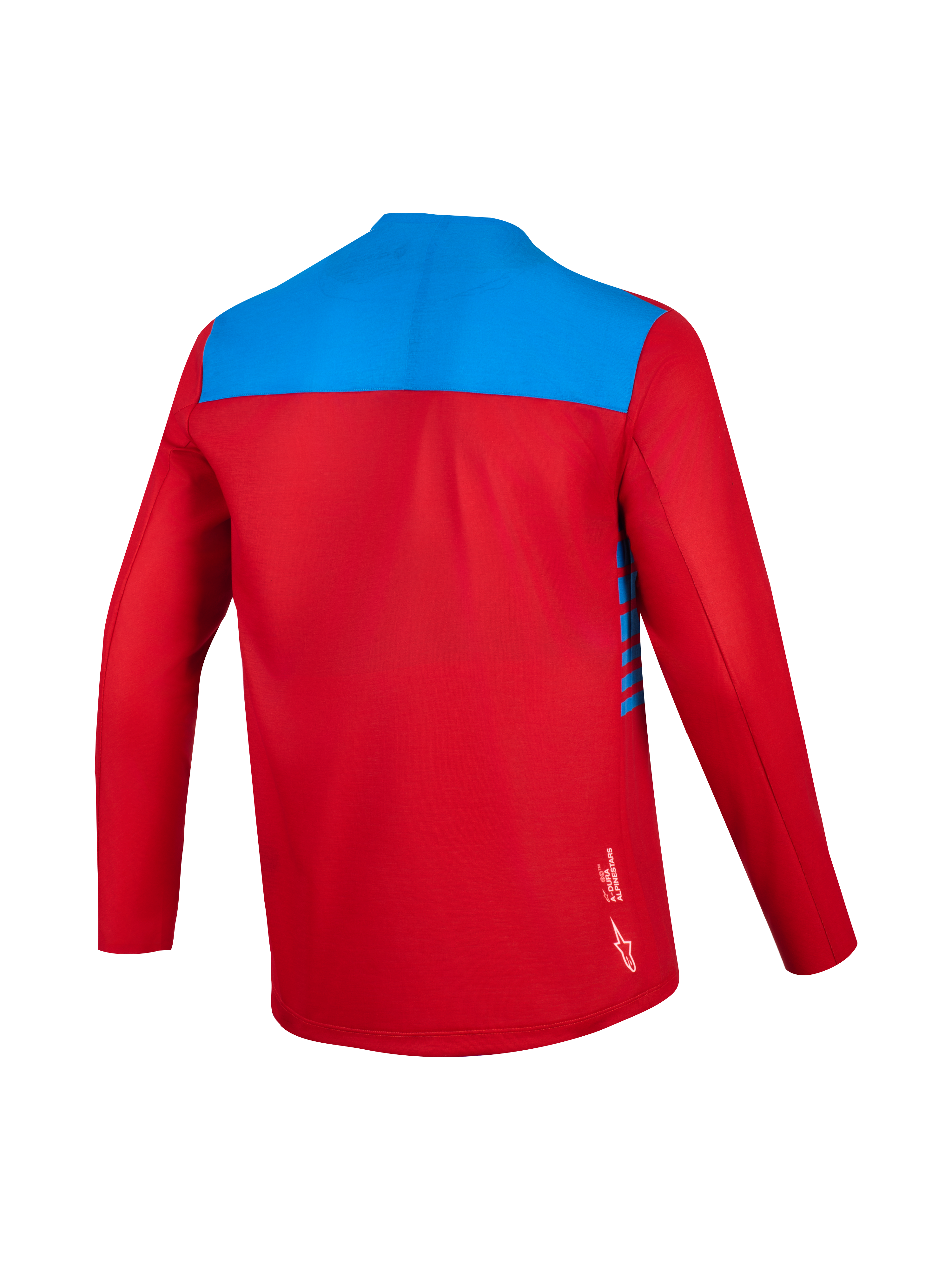 Koszulka Alpinestars A-Dura Elite 2.0, czerwono-niebieska, widok z tyłu, techniczny materiał odprowadzający wilgoć.