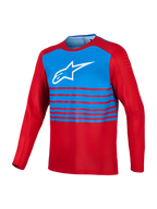 Czerwono-niebieska koszulka MTB A-Dura Elite 2.0 z długim rękawem, białym logo Alpinestars i wentylacją na bicepsach.